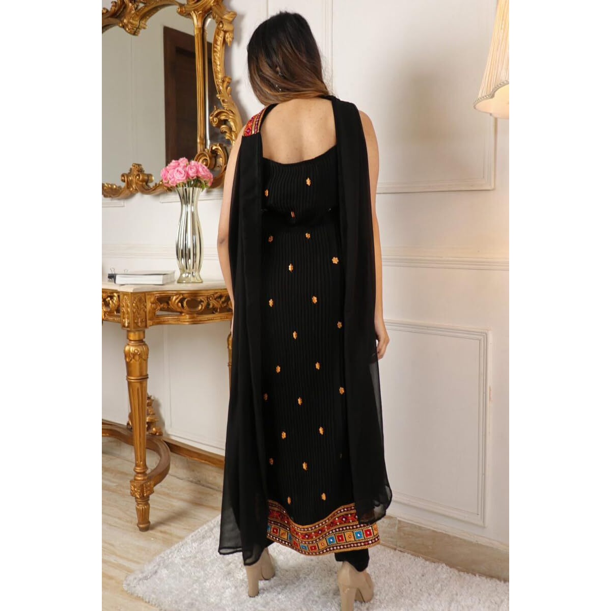 Wedani Women's Georgette Embroidery Straight Kurta with Dupatta Bottom Set Black