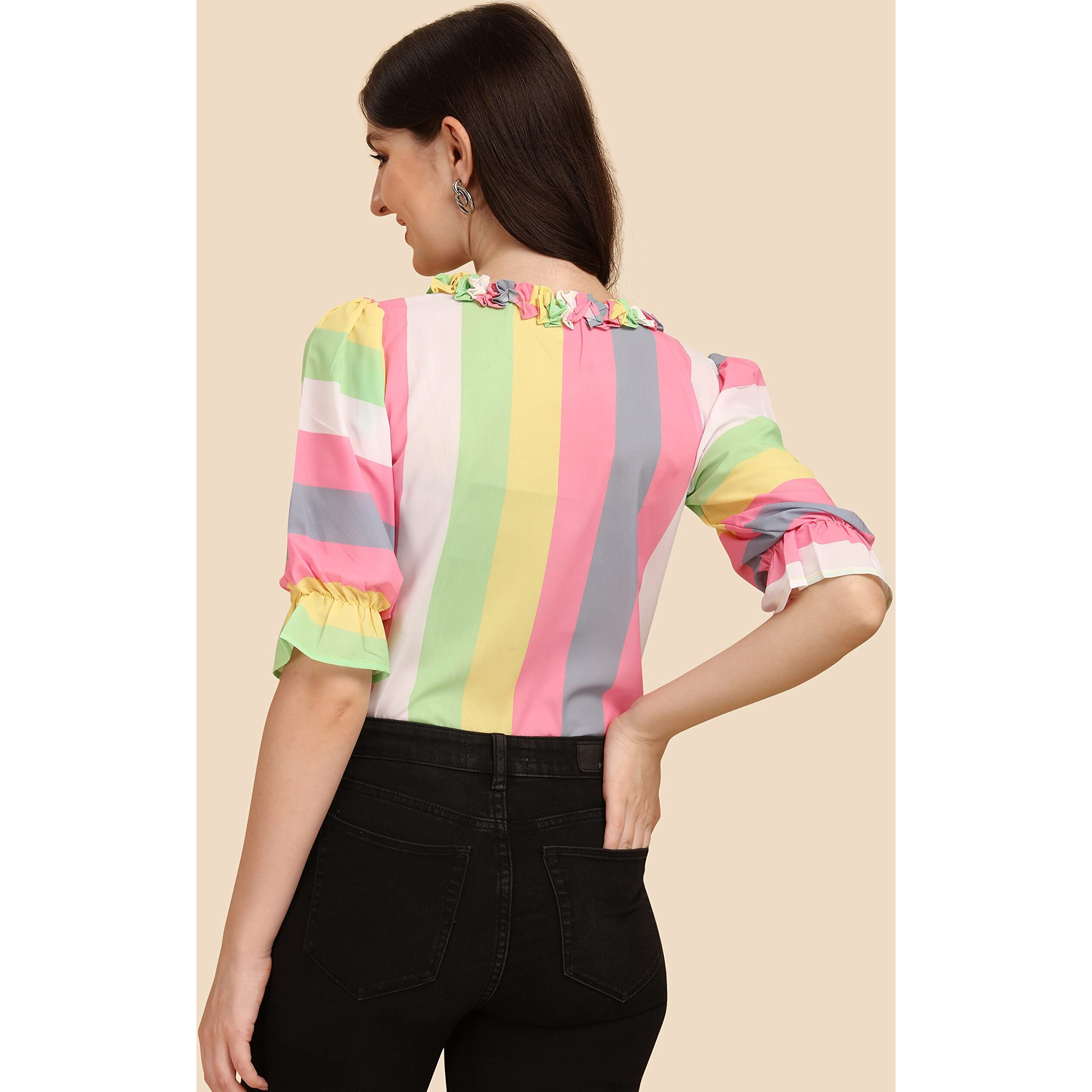 Wedani Women's Casual Puff Sleeves Ruffled Collor Strip Top (Small, Pink)