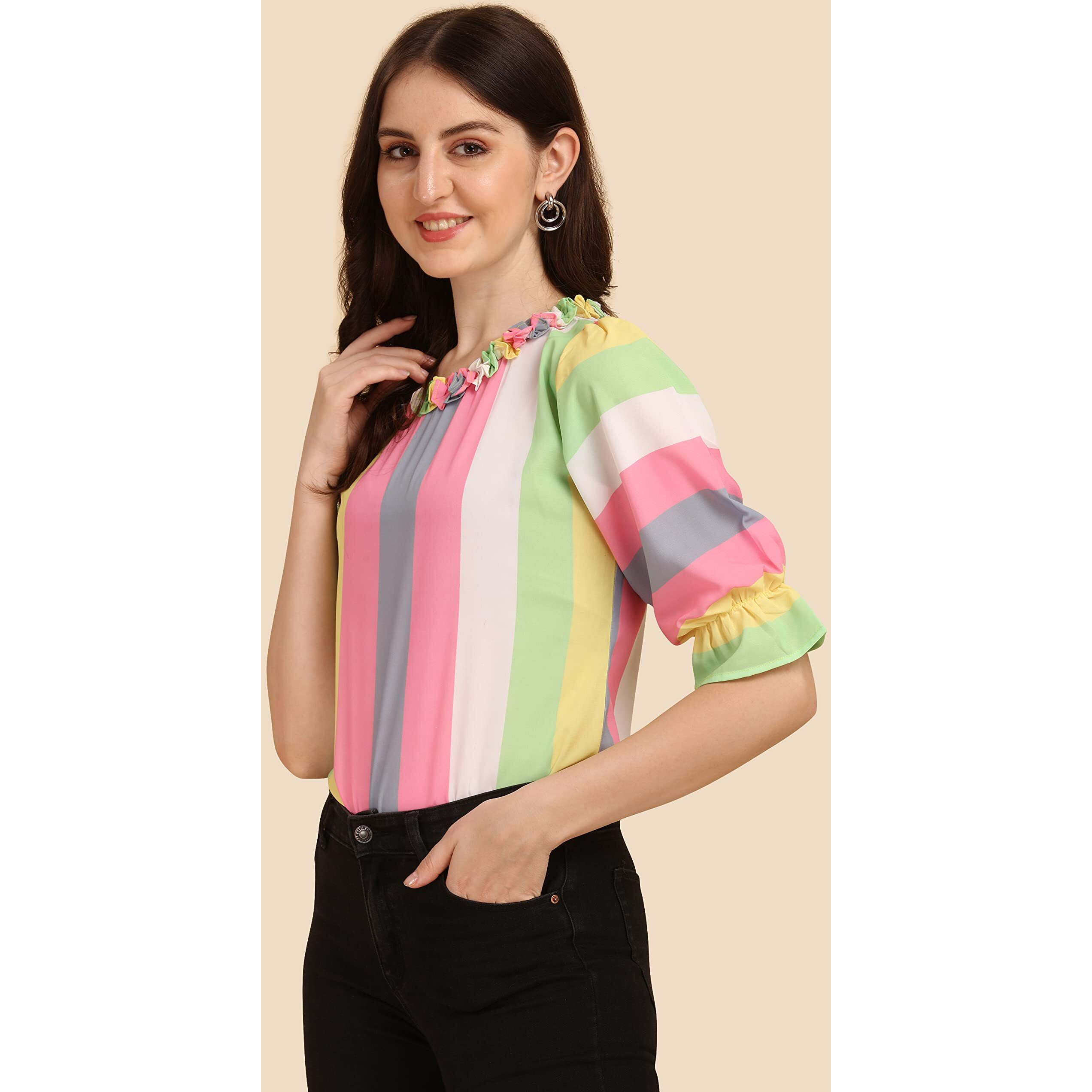 Wedani Women's Casual Puff Sleeves Ruffled Collor Strip Top (Small, Pink)
