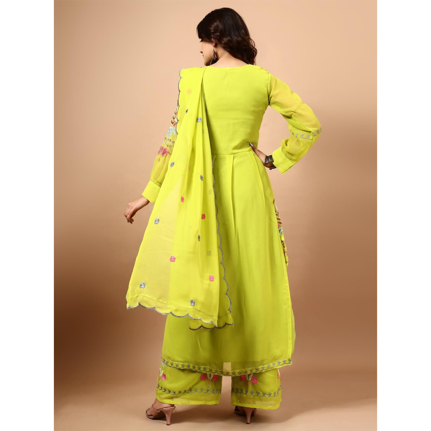 Wedani Faux Georgette Embroidered Kurta Set with Duptta for Women (in, Alpha, 2XL, Regular, Green)
