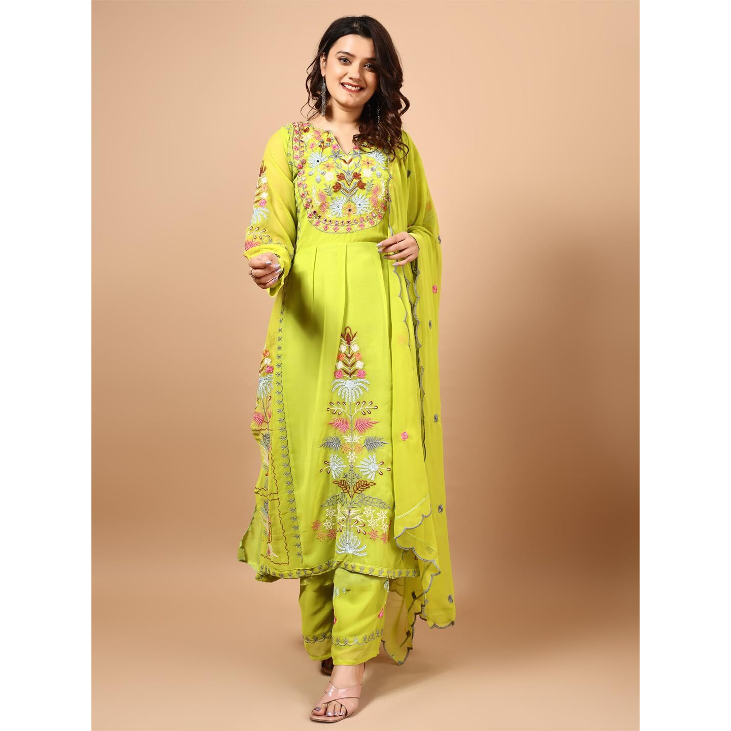 Wedani Faux Georgette Embroidered Kurta Set with Duptta for Women (in, Alpha, 2XL, Regular, Green)