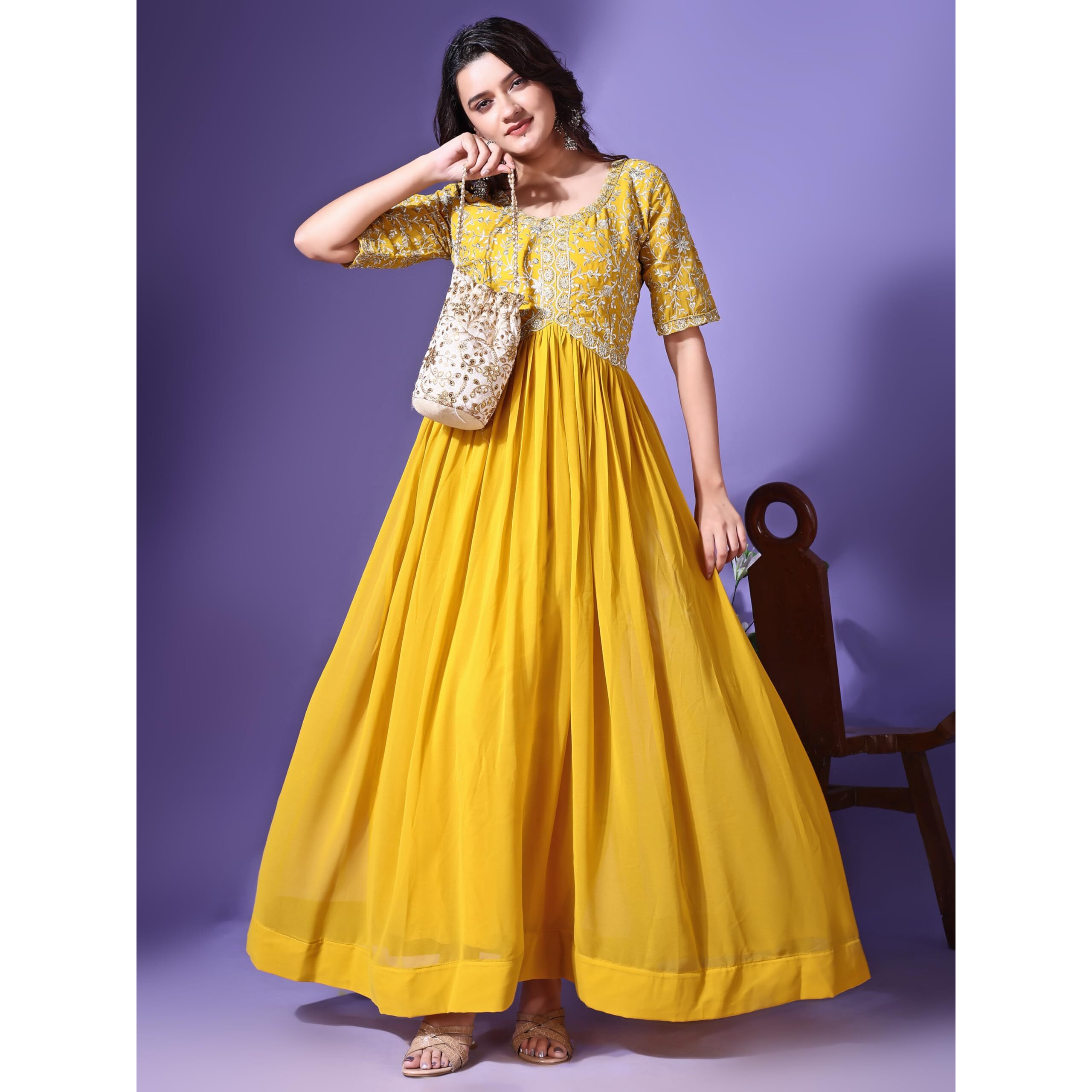 Wedani Georgette Embroidered Long Gown for Women Yellow