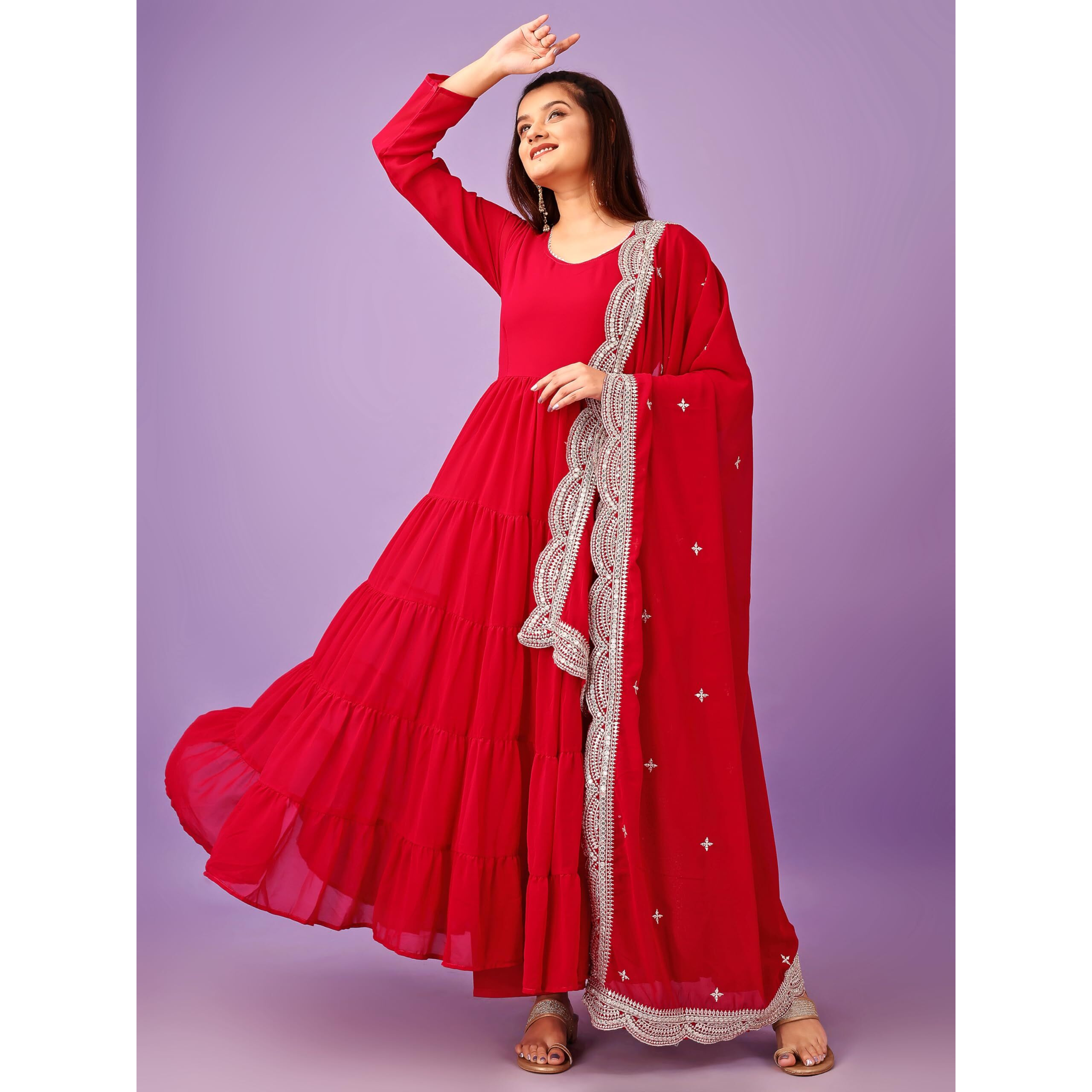 Wedani Georgette Sequins Work Anarkali Kurta Set for Women (in, Alpha, L, Regular, Pink)