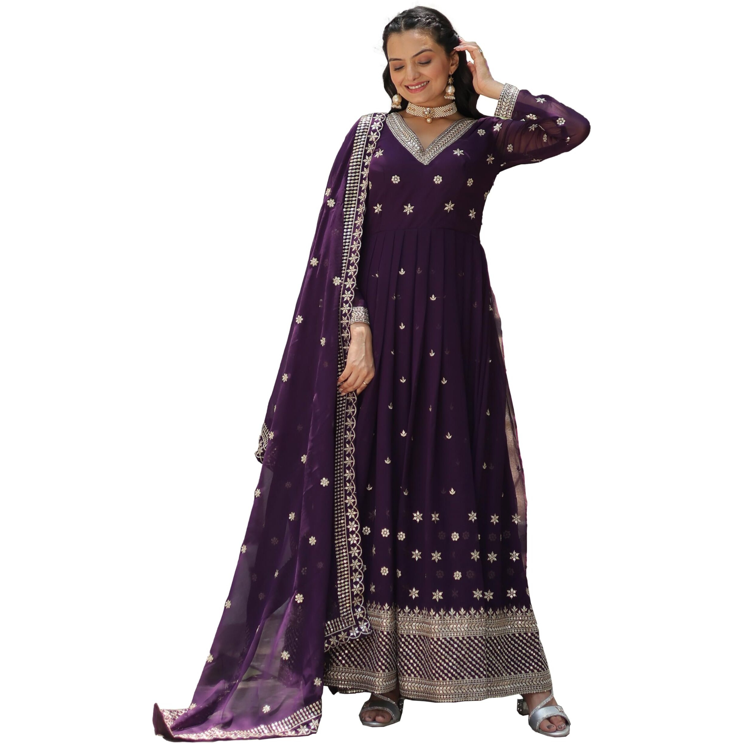 Wedani Georgette Sequins Embroidered work Anarkali Kurta Set For womens (IN, Alpha, 2XL, Regular, PURPLE)