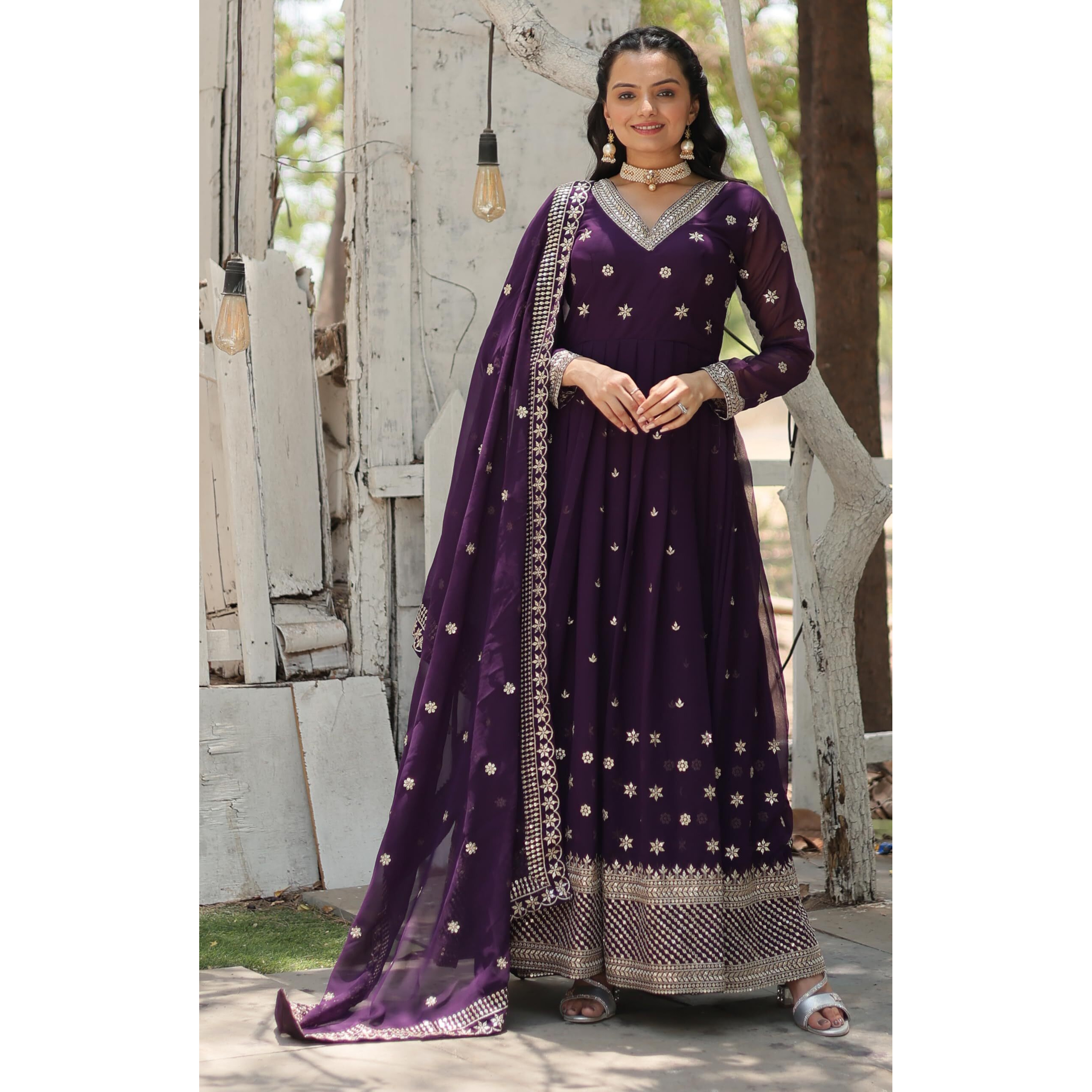 Wedani Georgette Sequins Embroidered work Anarkali Kurta Set For womens (IN, Alpha, 2XL, Regular, PURPLE)