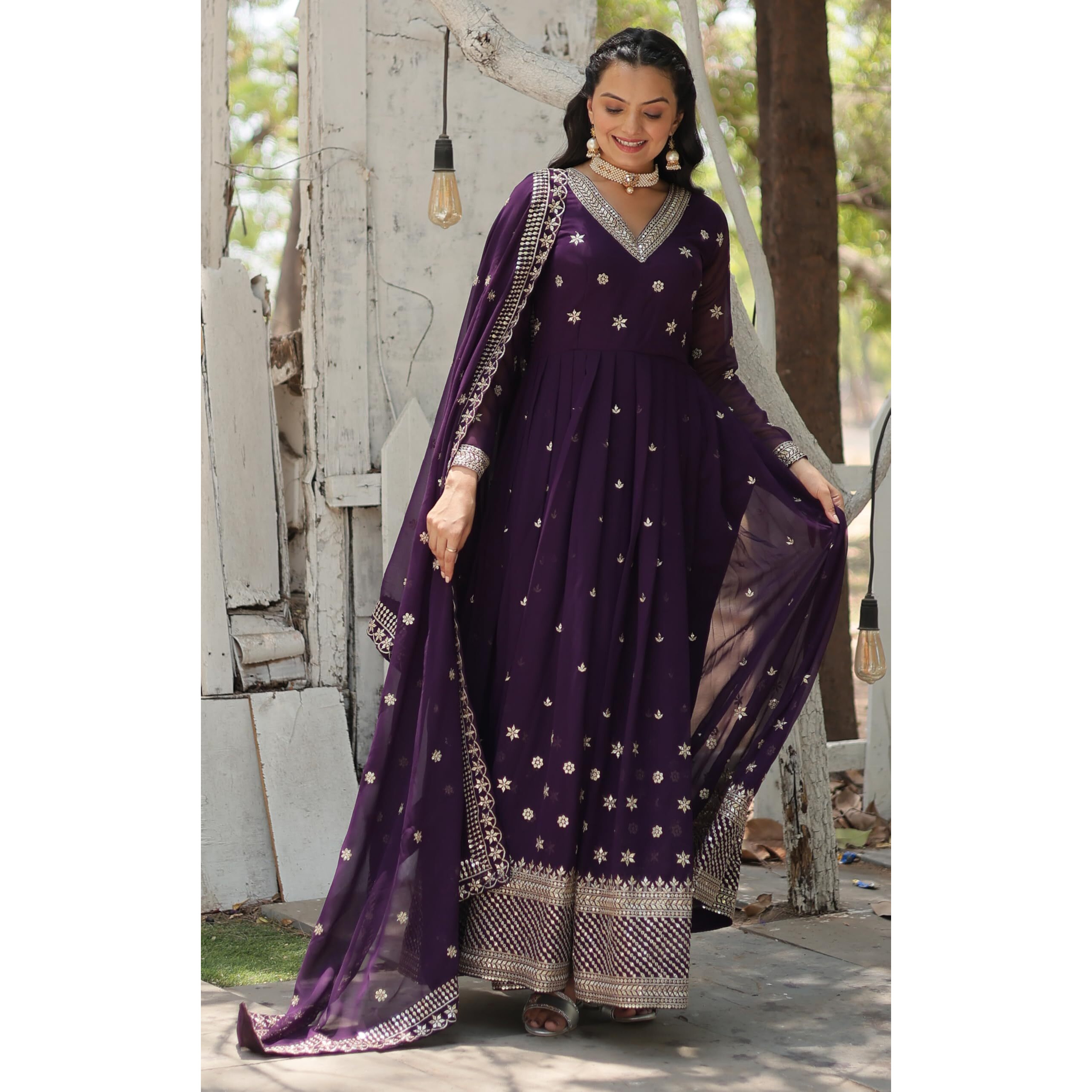Wedani Georgette Sequins Embroidered work Anarkali Kurta Set For womens (IN, Alpha, 2XL, Regular, PURPLE)