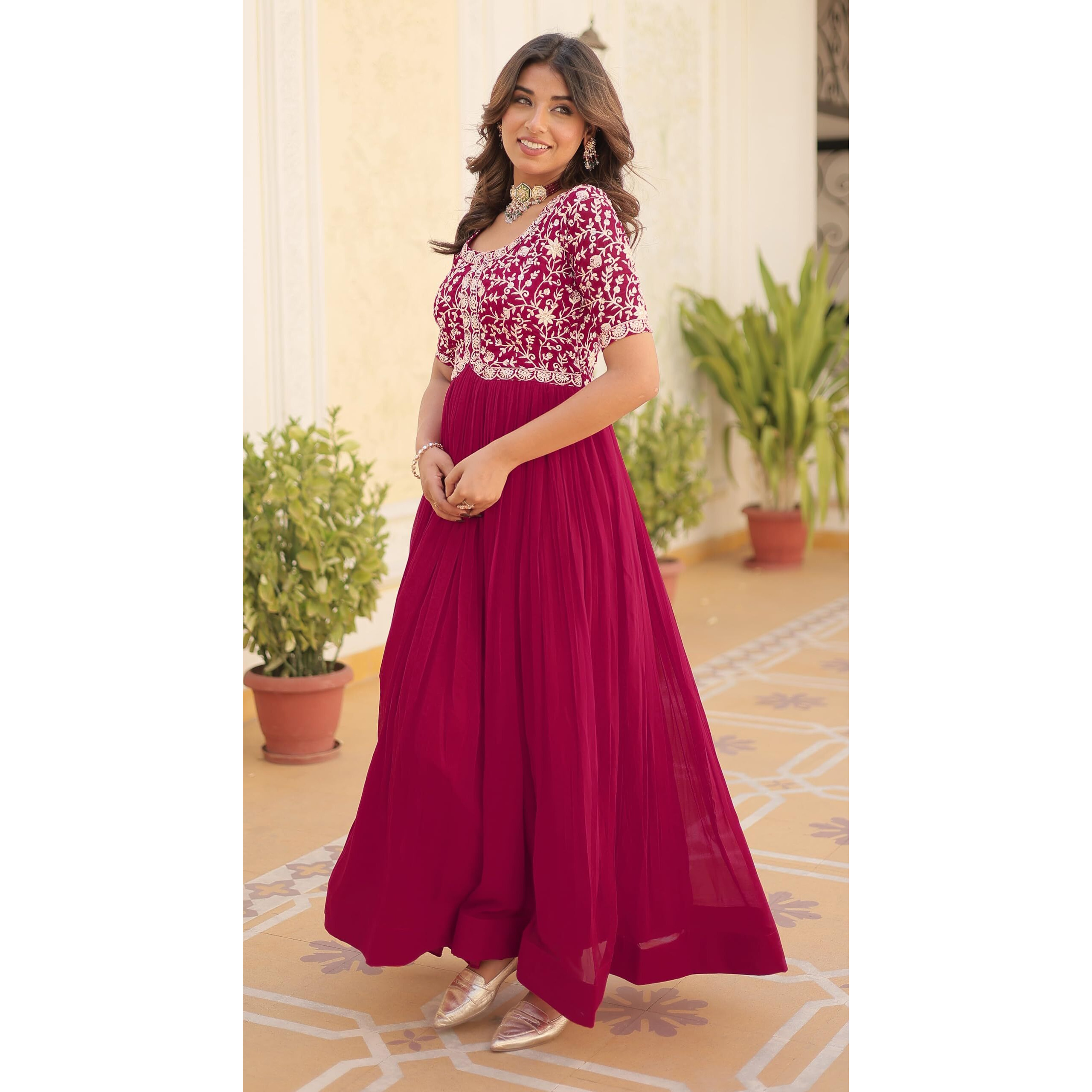 Wedani Georgette Embroidered Long Gown for Women Pink