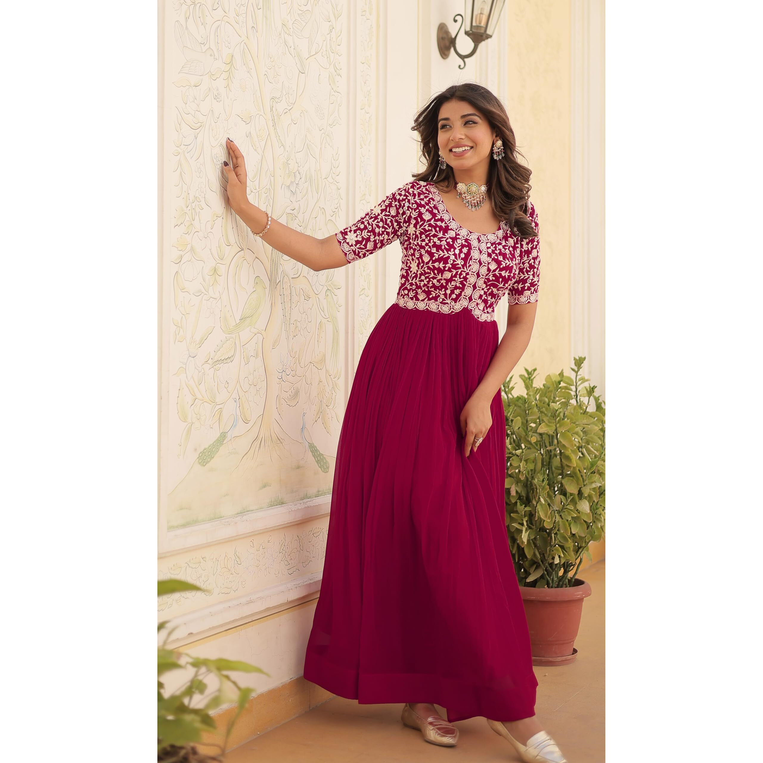Wedani Georgette Embroidered Long Gown for Women Pink