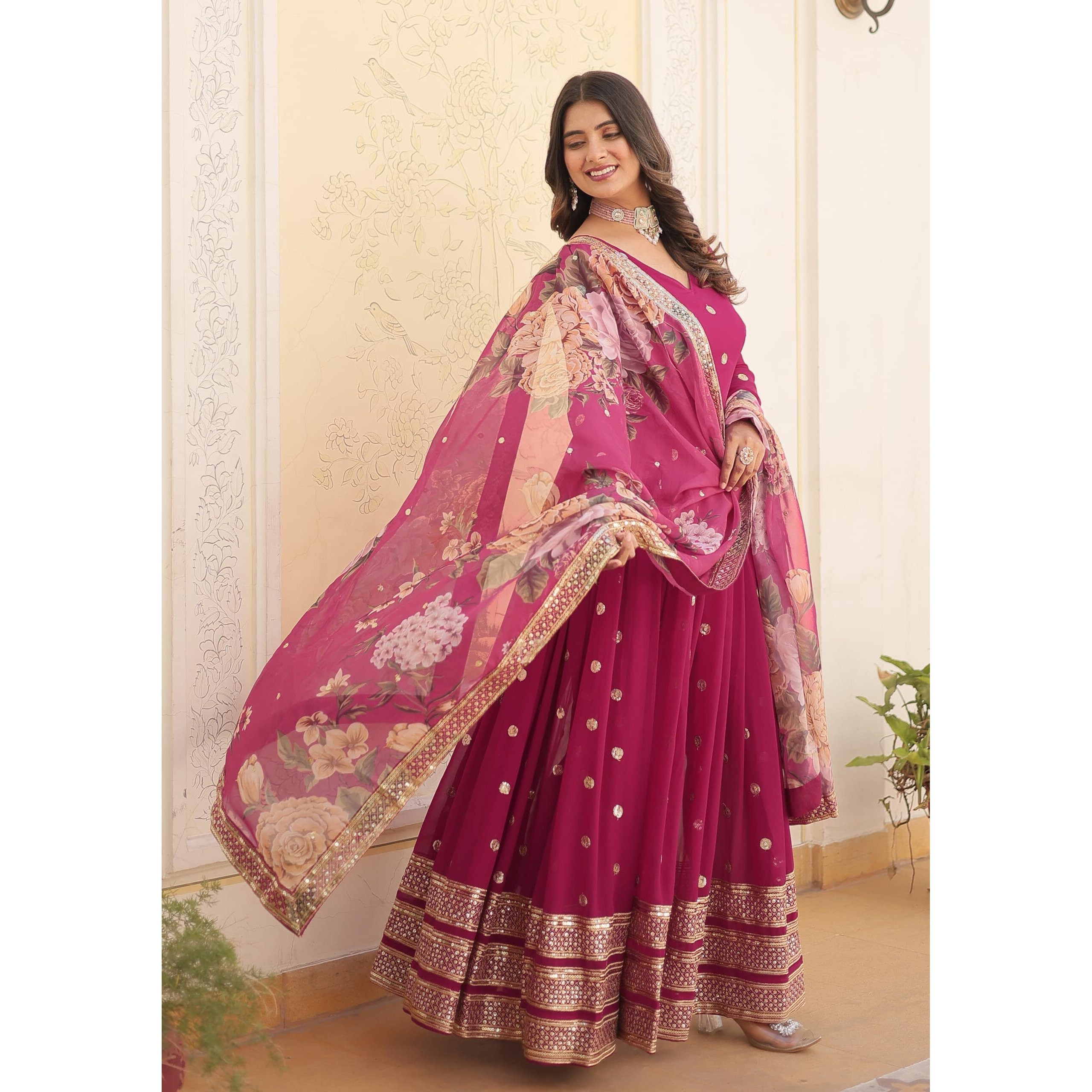 Wedani Faux Georgette Embroidered Sequins Anarkali Kurta Set for Women (in, Alpha, L, Regular, Pink)
