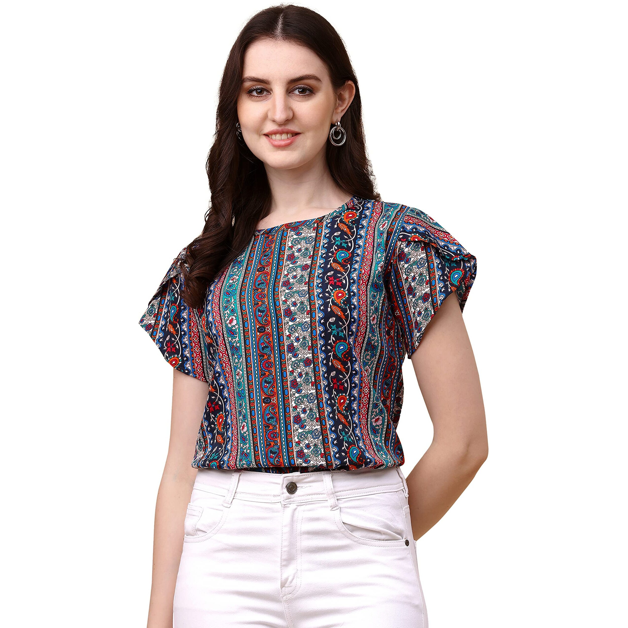 Wedani Women's Casual Short Sleeves Round Neck Foral Regular Fit Top (Small, Blue)