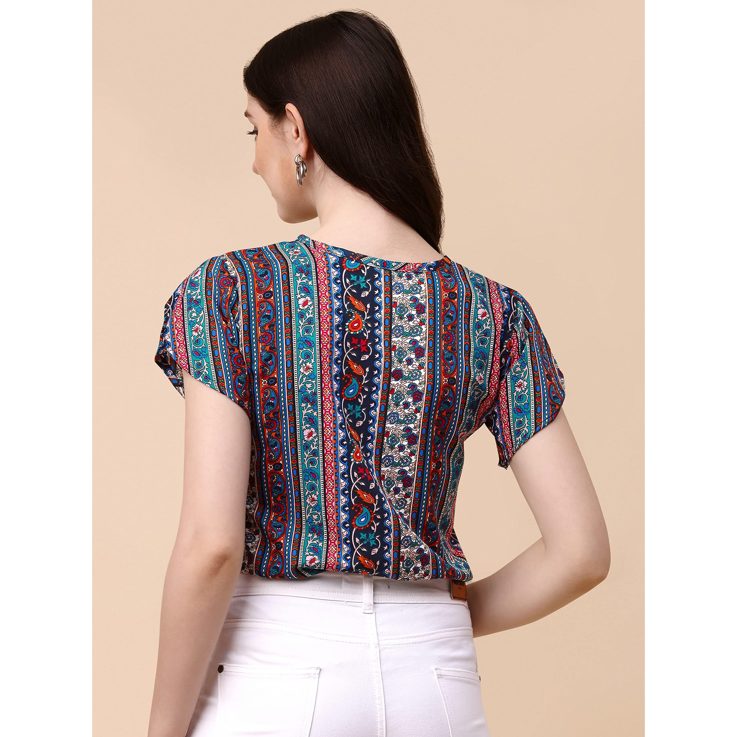 Wedani Women's Casual Short Sleeves Round Neck Foral Regular Fit Top (Small, Blue)