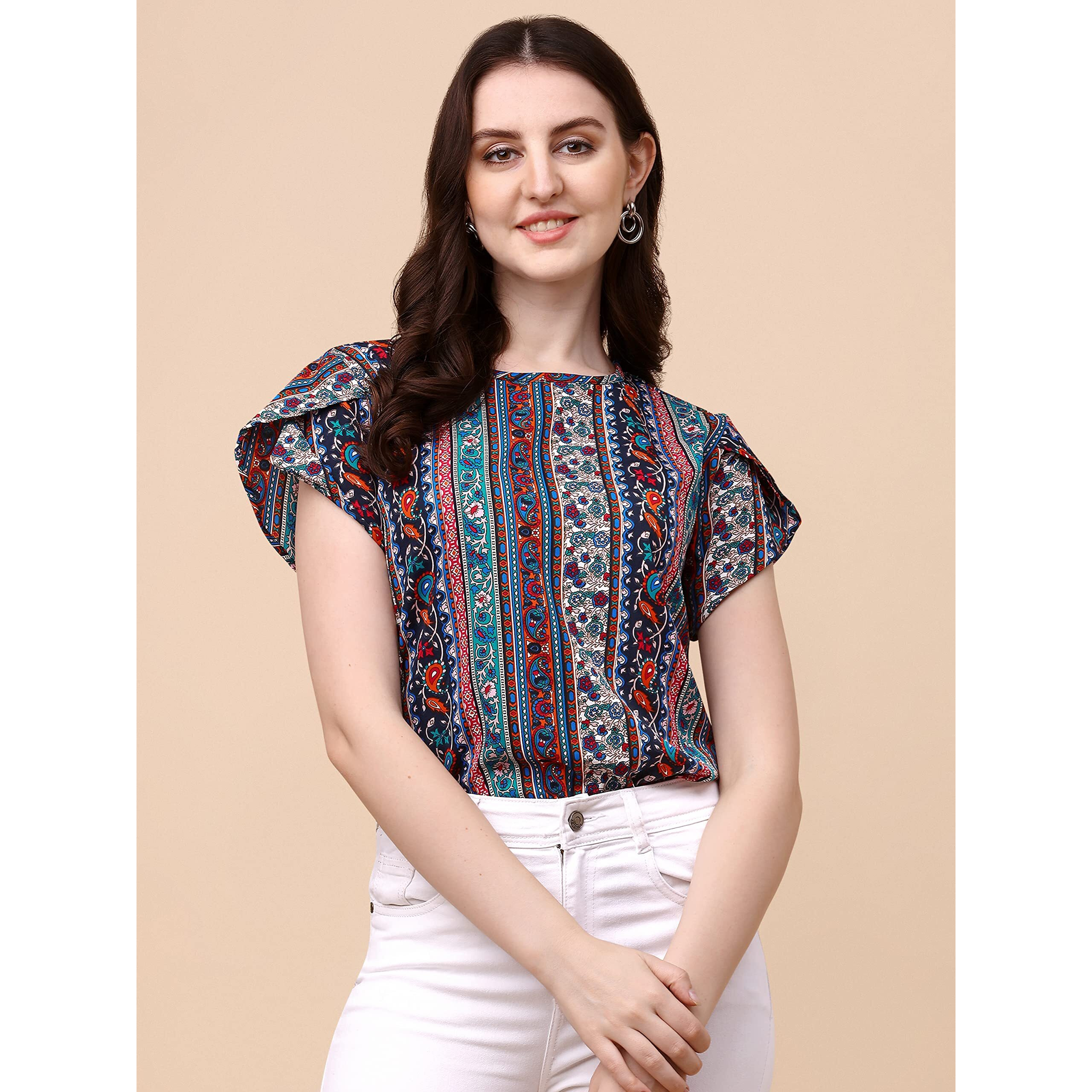 Wedani Women's Casual Short Sleeves Round Neck Foral Regular Fit Top (Small, Blue)