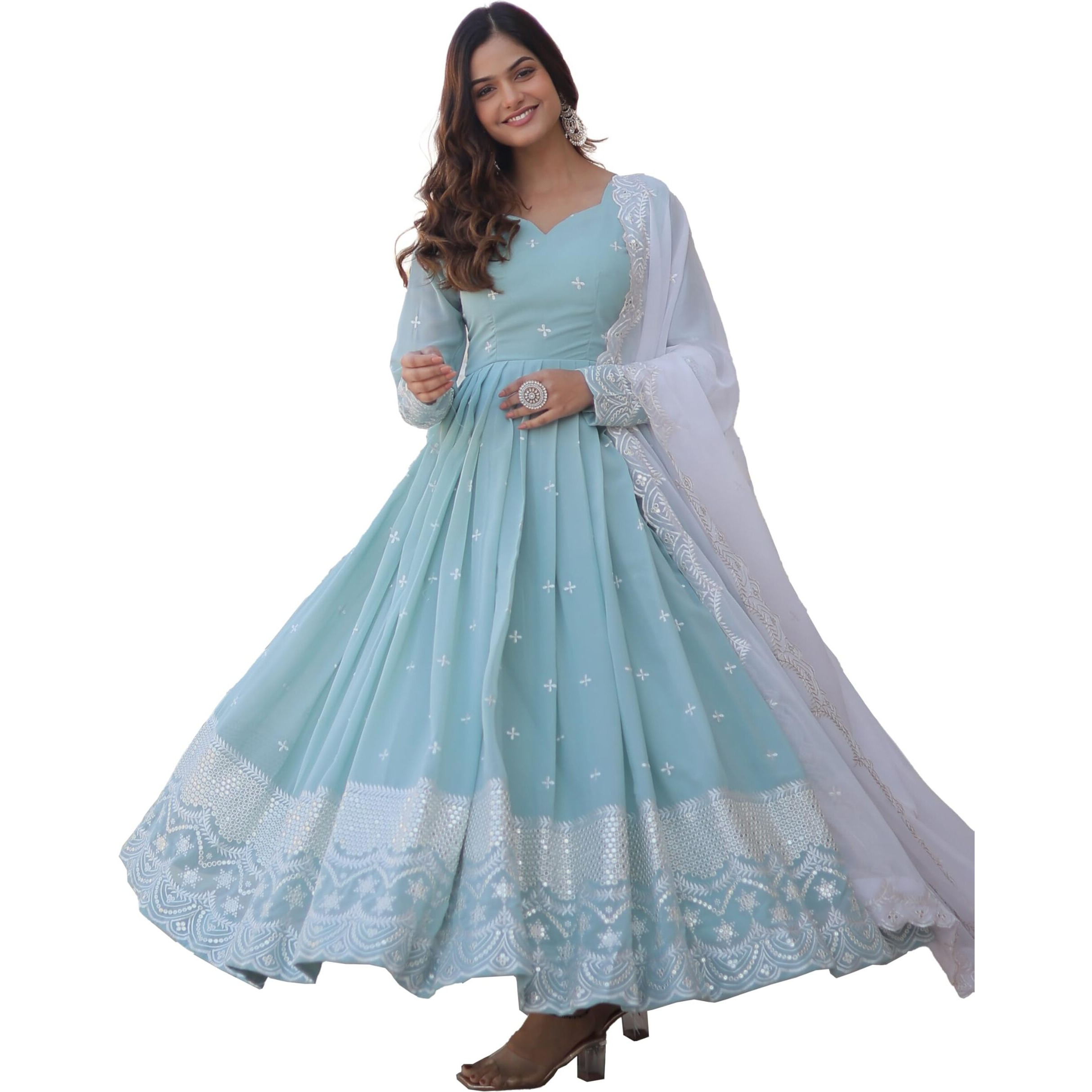 Wedani Faux Georgette Embroidered Anarkali Kurta Set For Women (IN, Alpha, XL, Regular, SKY BLUE)