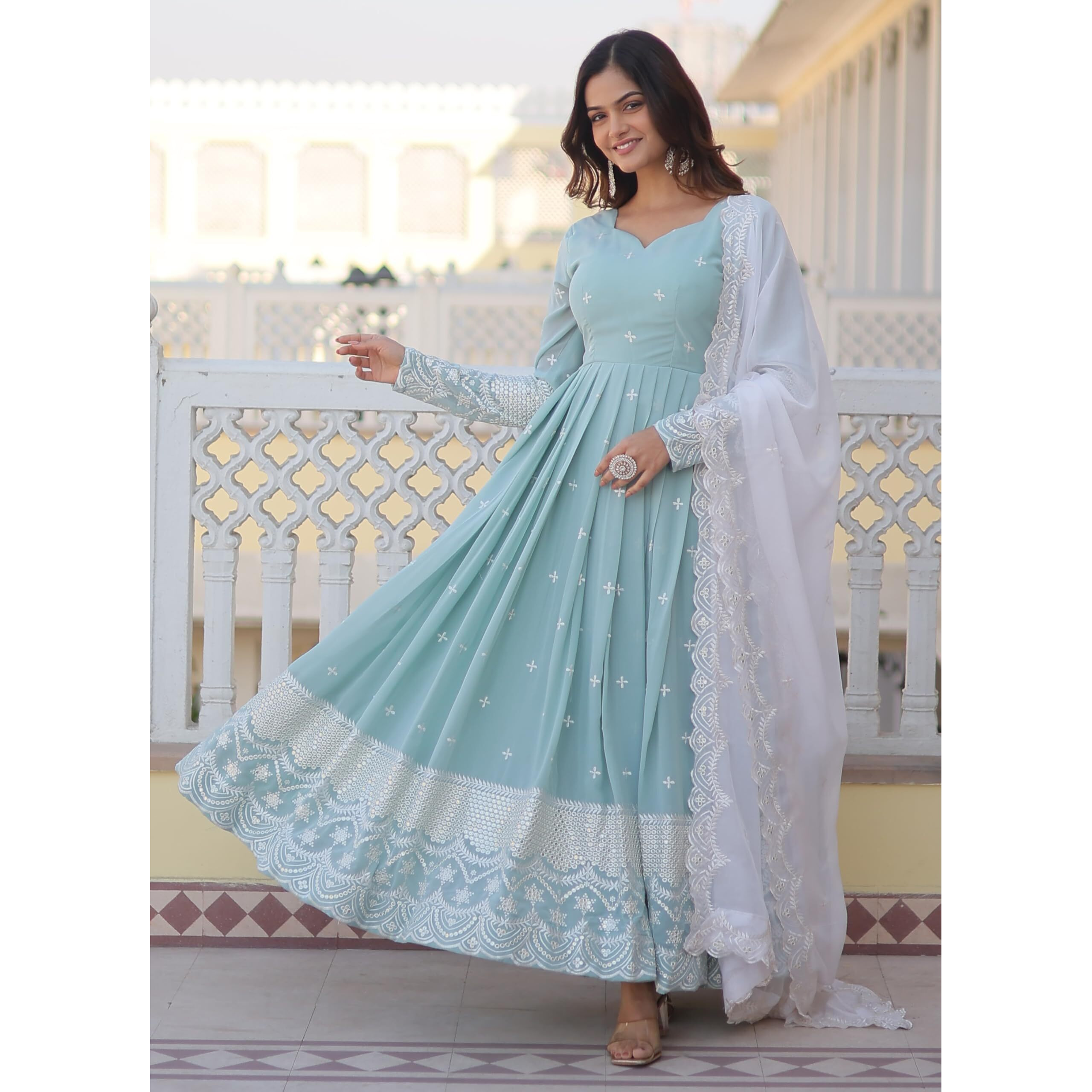 Wedani Faux Georgette Embroidered Anarkali Kurta Set For Women (IN, Alpha, XL, Regular, SKY BLUE)