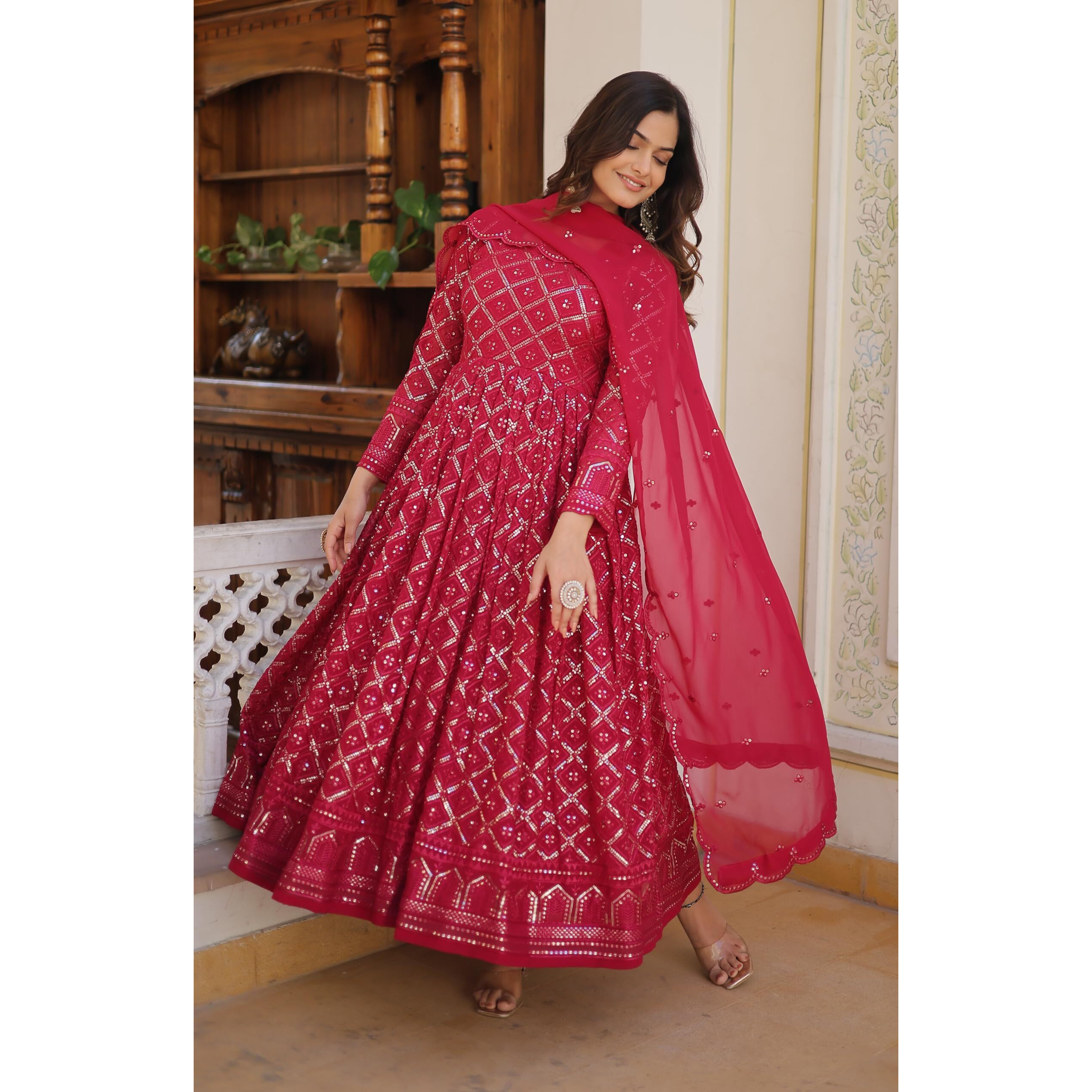 Wedani Georgette Sequins Embroidered Work Anarkali Kurta Set for Womens (in, Alpha, L, Regular, Pink)