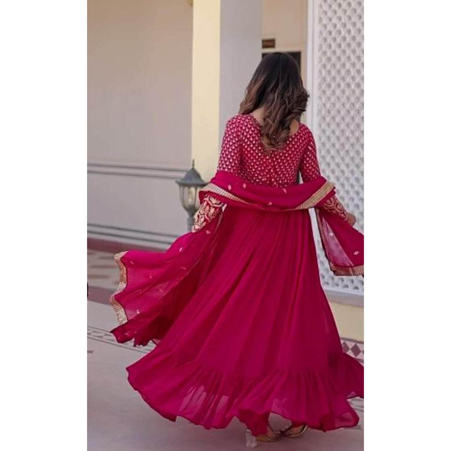 Weadni Georgette Embroidered Work Anarkali Kurta Set For women (IN, Alpha, 2XL, Regular, PINK)