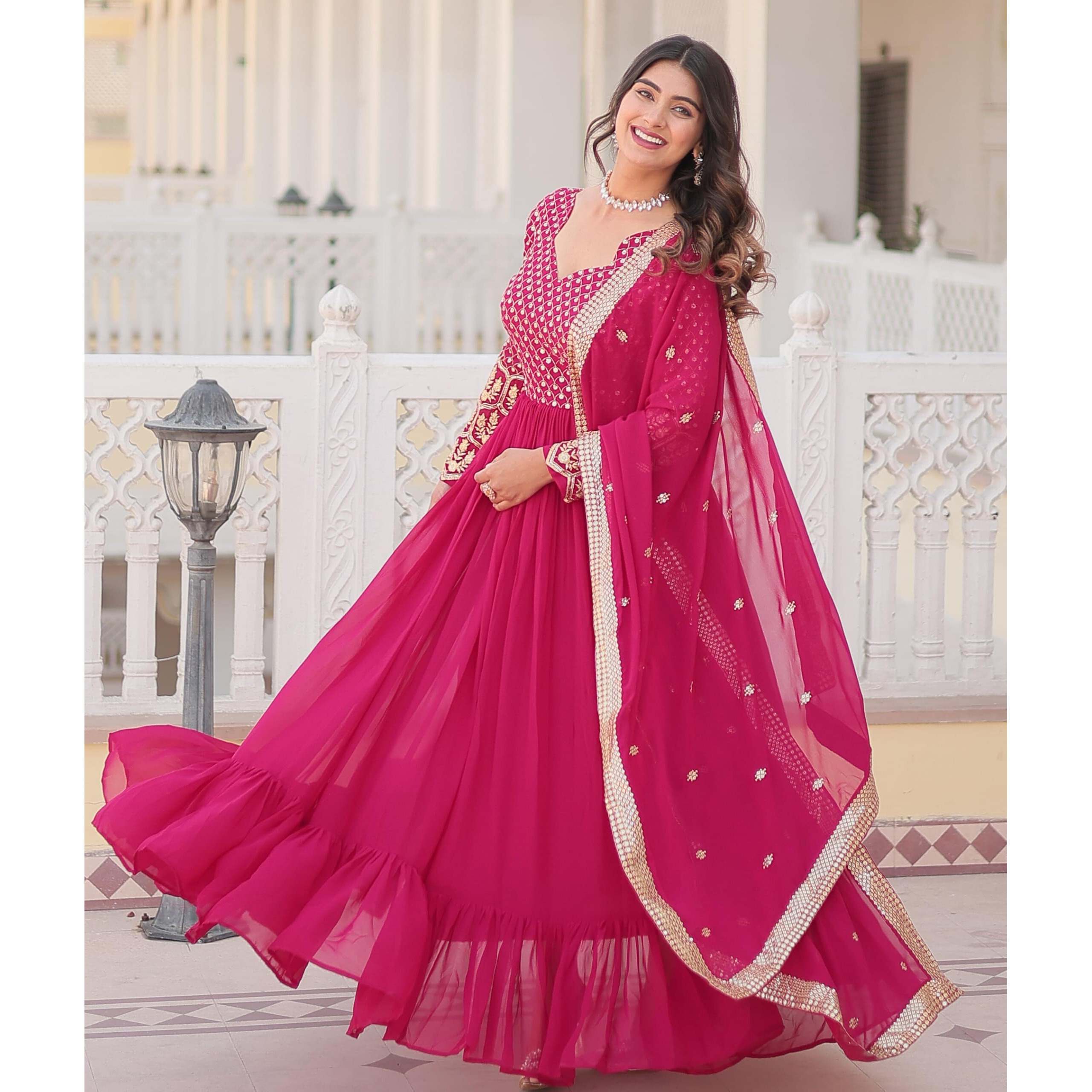 Weadni Georgette Embroidered Work Anarkali Kurta Set For women (IN, Alpha, 2XL, Regular, PINK)