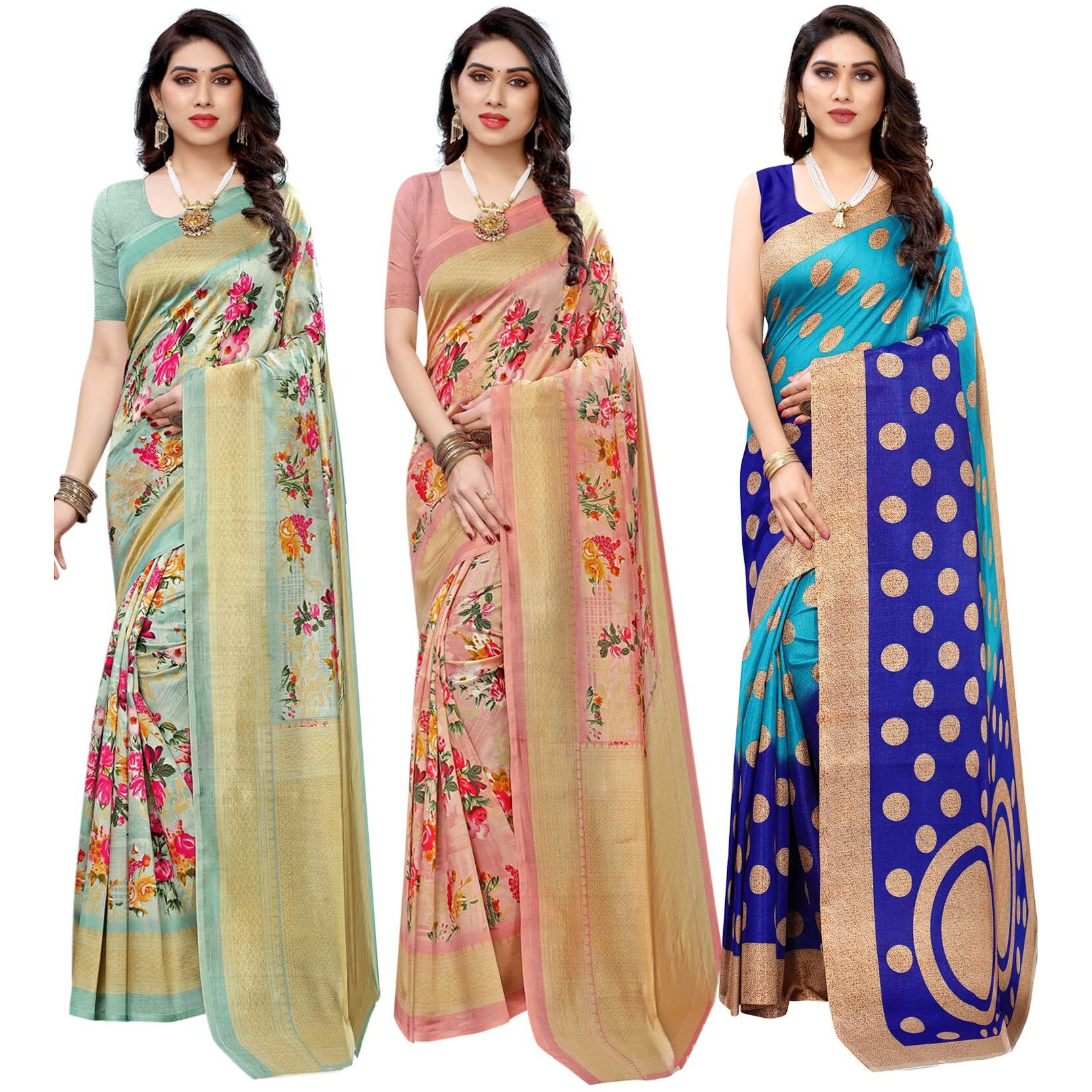 Yashika Women's Combo Art Silk Saree with Blouse Piece-Pack of 3 Light Green-AIR Peach-Kora Blue Multicolor-02
