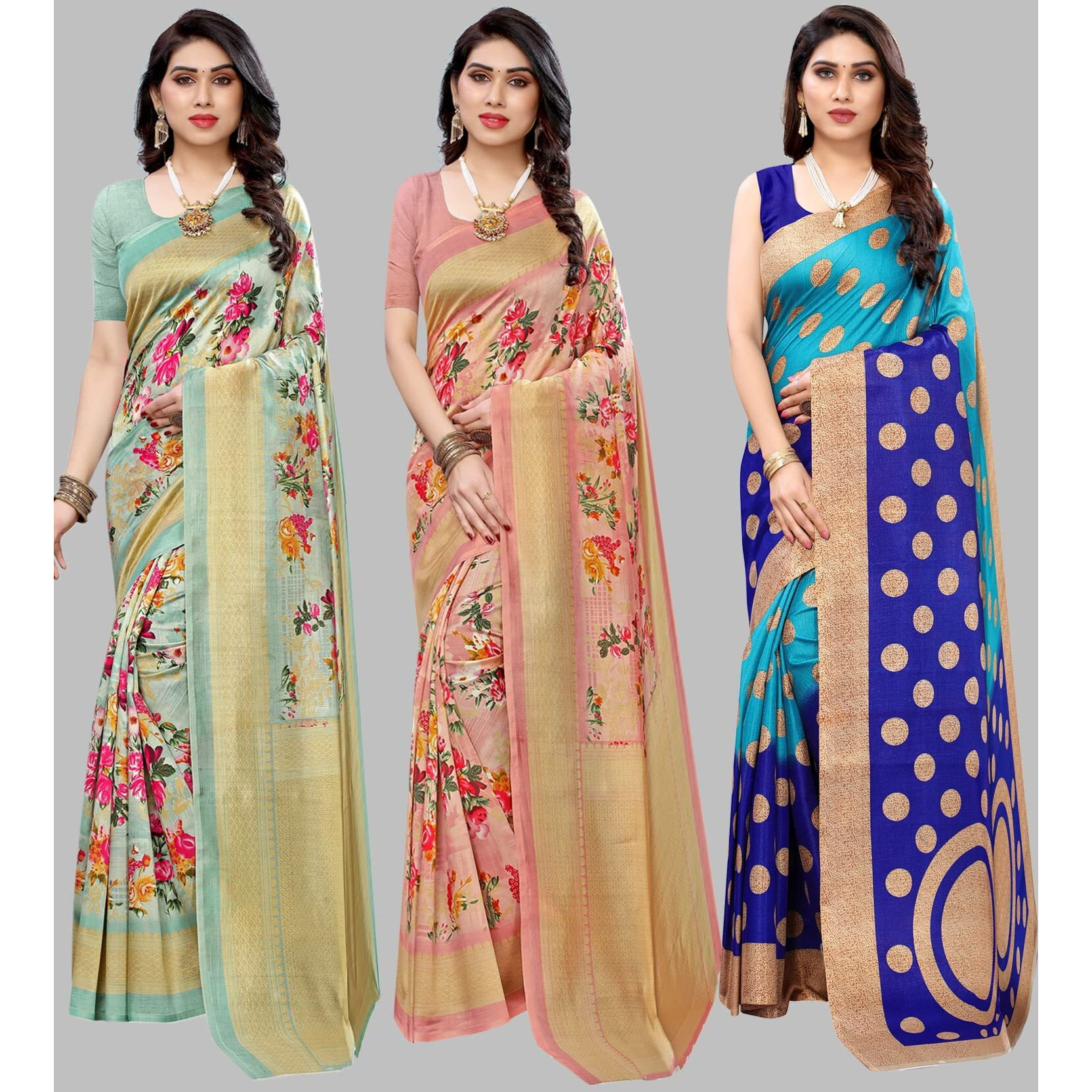 Yashika Women's Combo Art Silk Saree with Blouse Piece-Pack of 3 Light Green-AIR Peach-Kora Blue Multicolor-02