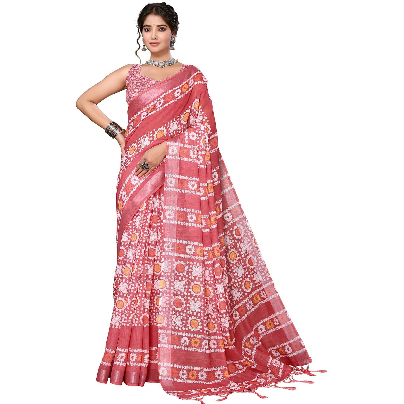 Yashika Women's Plain Digital Print Cotton Silk Blend Saree with Silver Weaving Border Tassels-Elegant Ethnic Wear for Festive and Casual Occasions (AZ-YS-P1-TIGER 01 to 06-Parent_Tiger Peach)