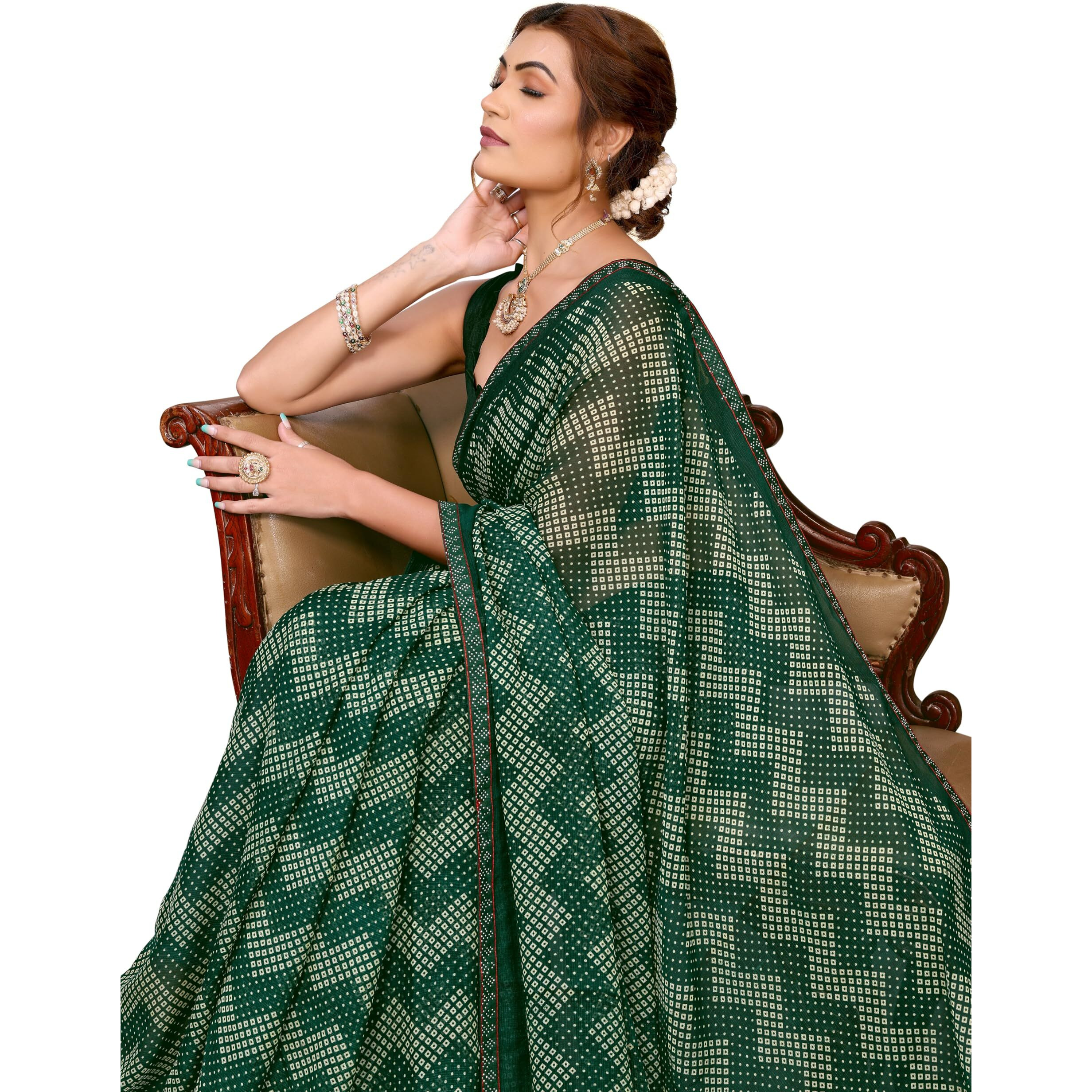 Yashika Women's Woven Latest Georgette and Hot Fix Lace Saree with Unstitched Blouse Material (AZ-YS-P3-BANDANA-Parent-NEW_Green)
