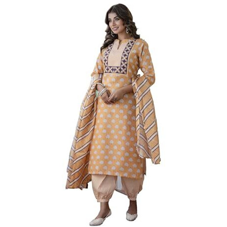 Yashika Women's Regular Printed Cotton Blend Straight Kurta Afghani Pant Dupatta Set-Ethnic Elegance Embodied | Perfect Fusion of Tradition and Style (AZ-YS-P10-KS2123-S_Yellow