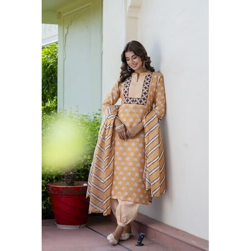 Yashika Women's Regular Printed Cotton Blend Straight Kurta Afghani Pant Dupatta Set-Ethnic Elegance Embodied | Perfect Fusion of Tradition and Style (AZ-YS-P10-KS2123-S_Yellow