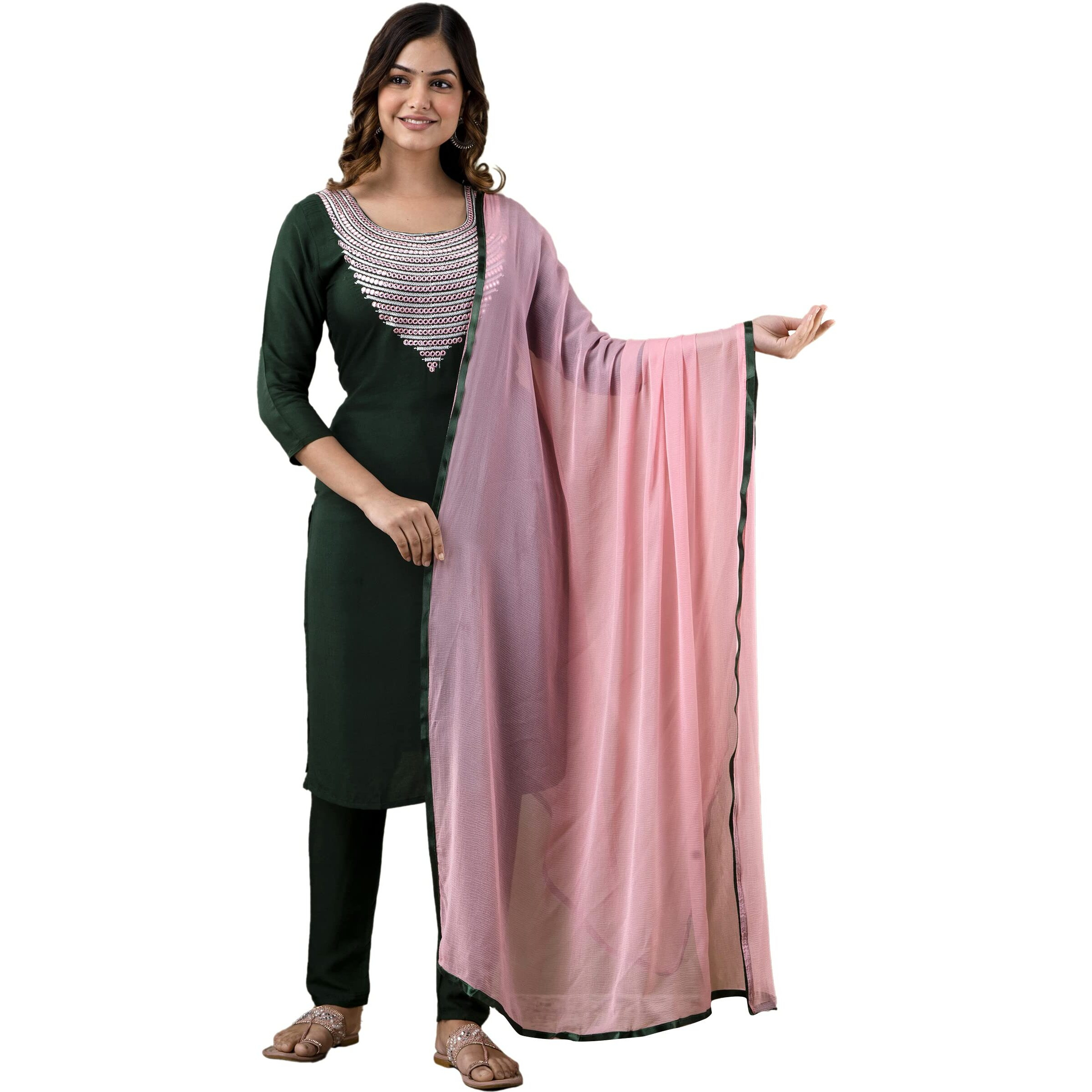 Yashika Women's Cotton Rayon Dark Green Kurta and Pant Set with Dupatta (YS-KS2053-M)