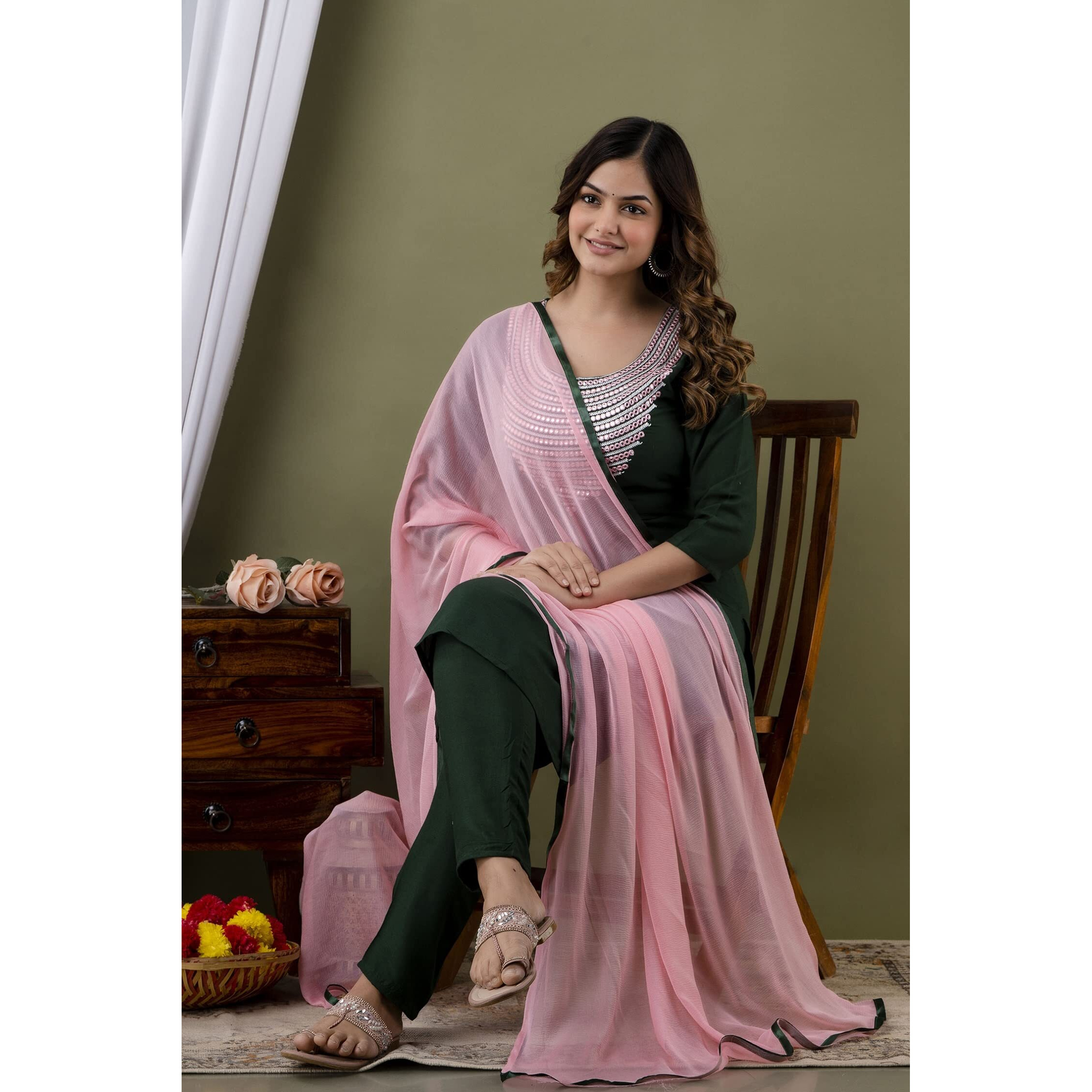 Yashika Women's Cotton Rayon Dark Green Kurta and Pant Set with Dupatta (YS-KS2053-M)