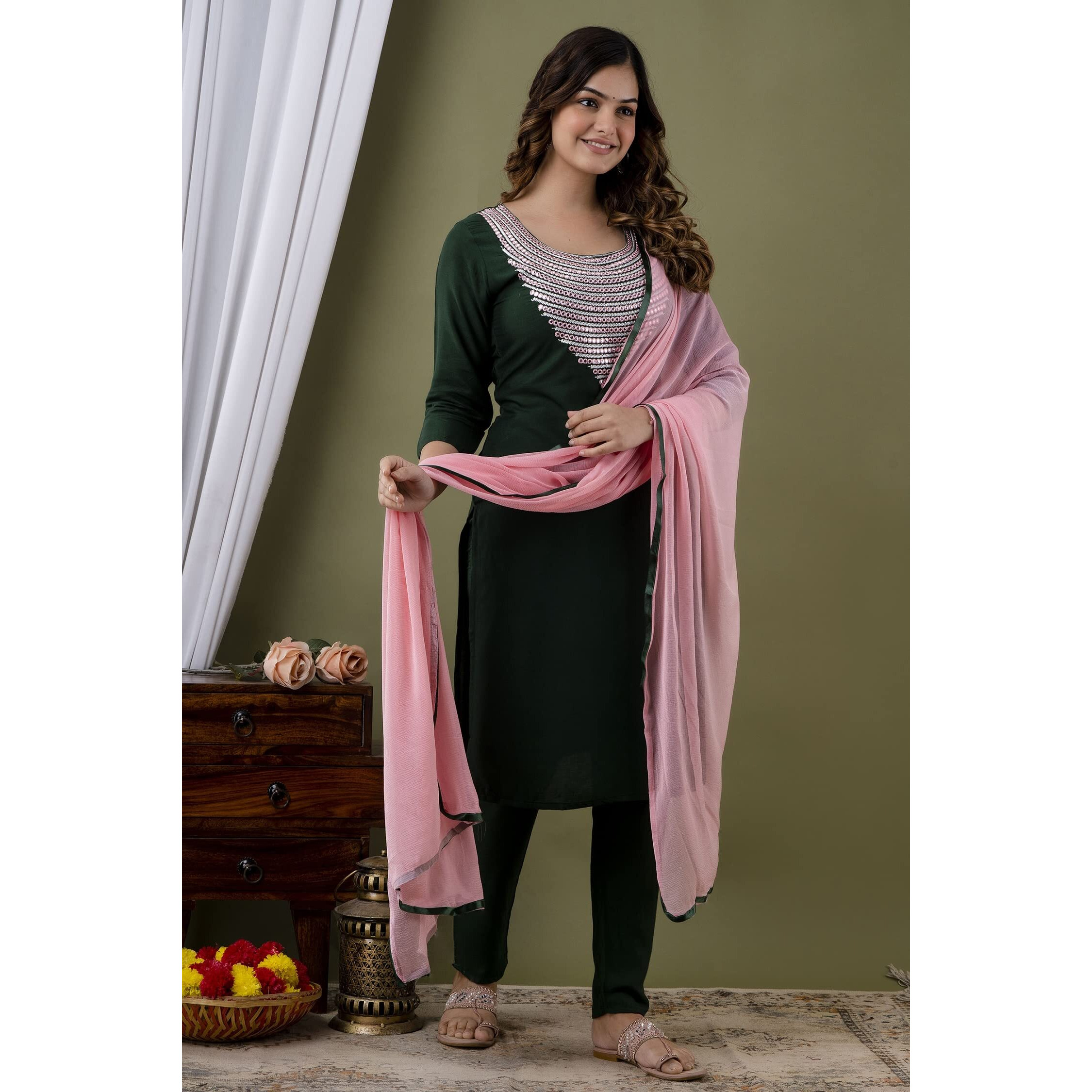 Yashika Women's Cotton Rayon Dark Green Kurta and Pant Set with Dupatta (YS-KS2053-M)