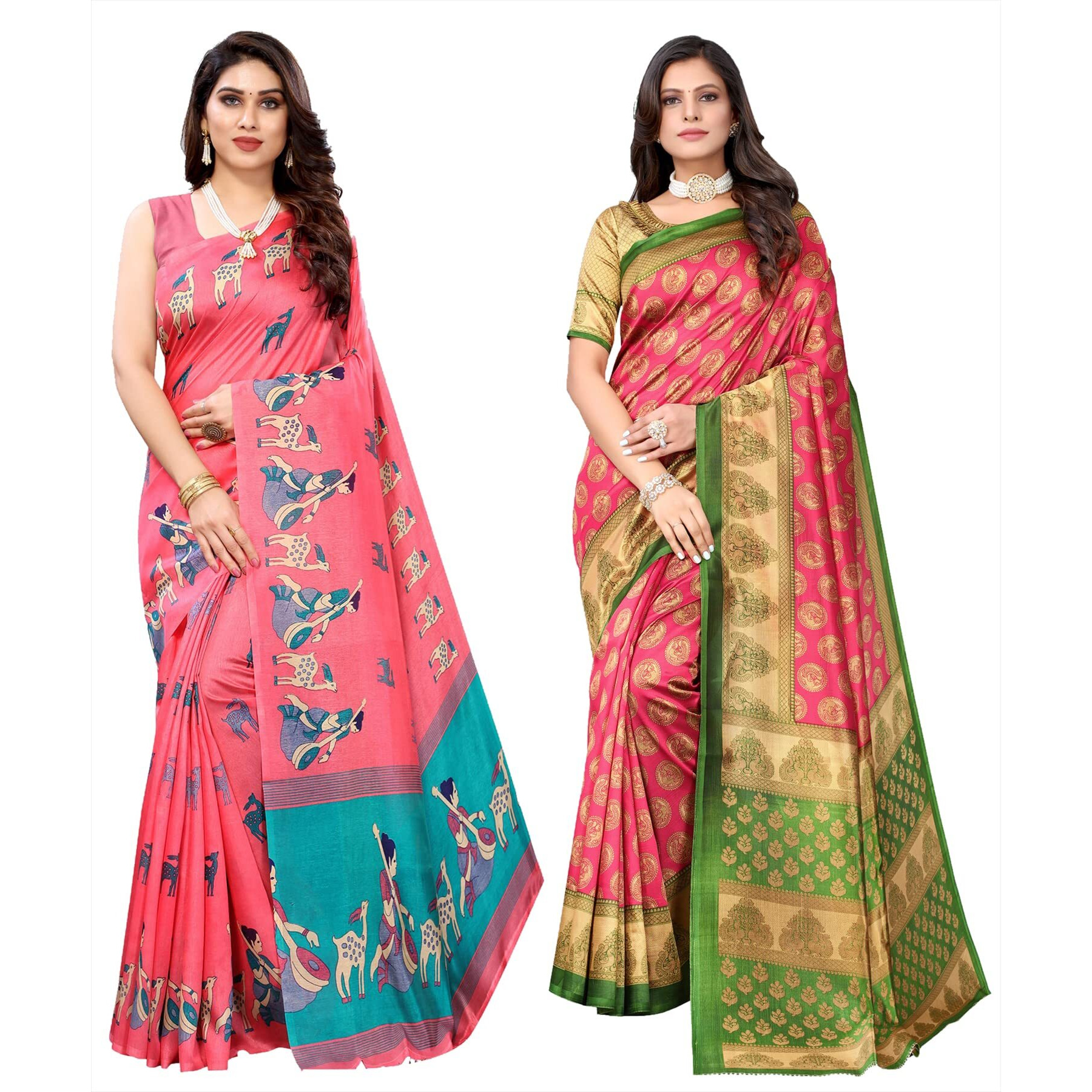 Yashika Women's Combo Art Silk Printed Saree With Blouse Piece Pack Of 2(MAITHALI PINK-ALIFA PINK)