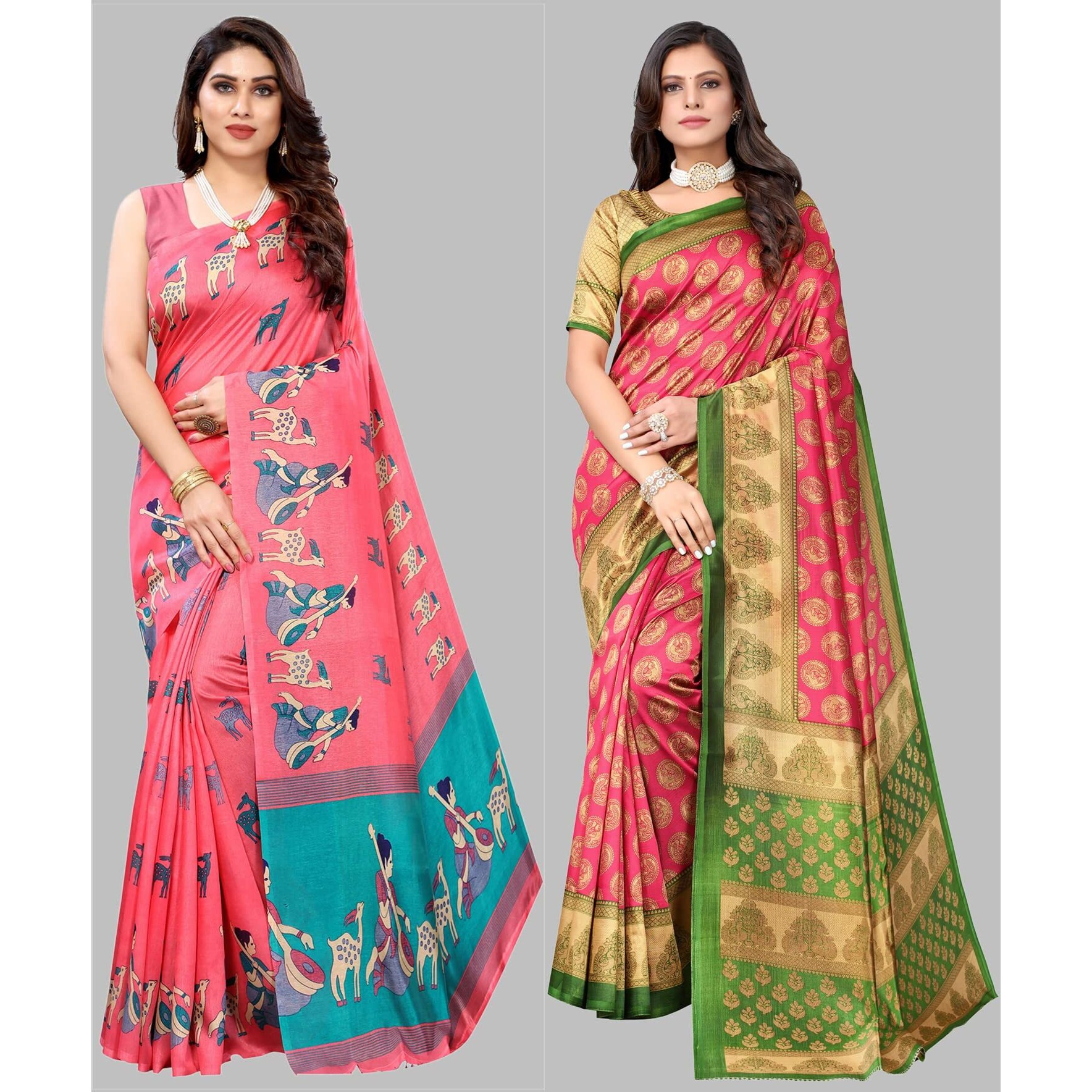 Yashika Women's Combo Art Silk Printed Saree With Blouse Piece Pack Of 2(MAITHALI PINK-ALIFA PINK)