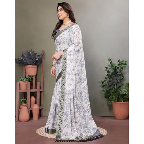 Yashika Women's Printed Georgette Saree With Lace Border and Unstitched Blouse Material (AZ-YS-P3-SANGNA GREY LACE)