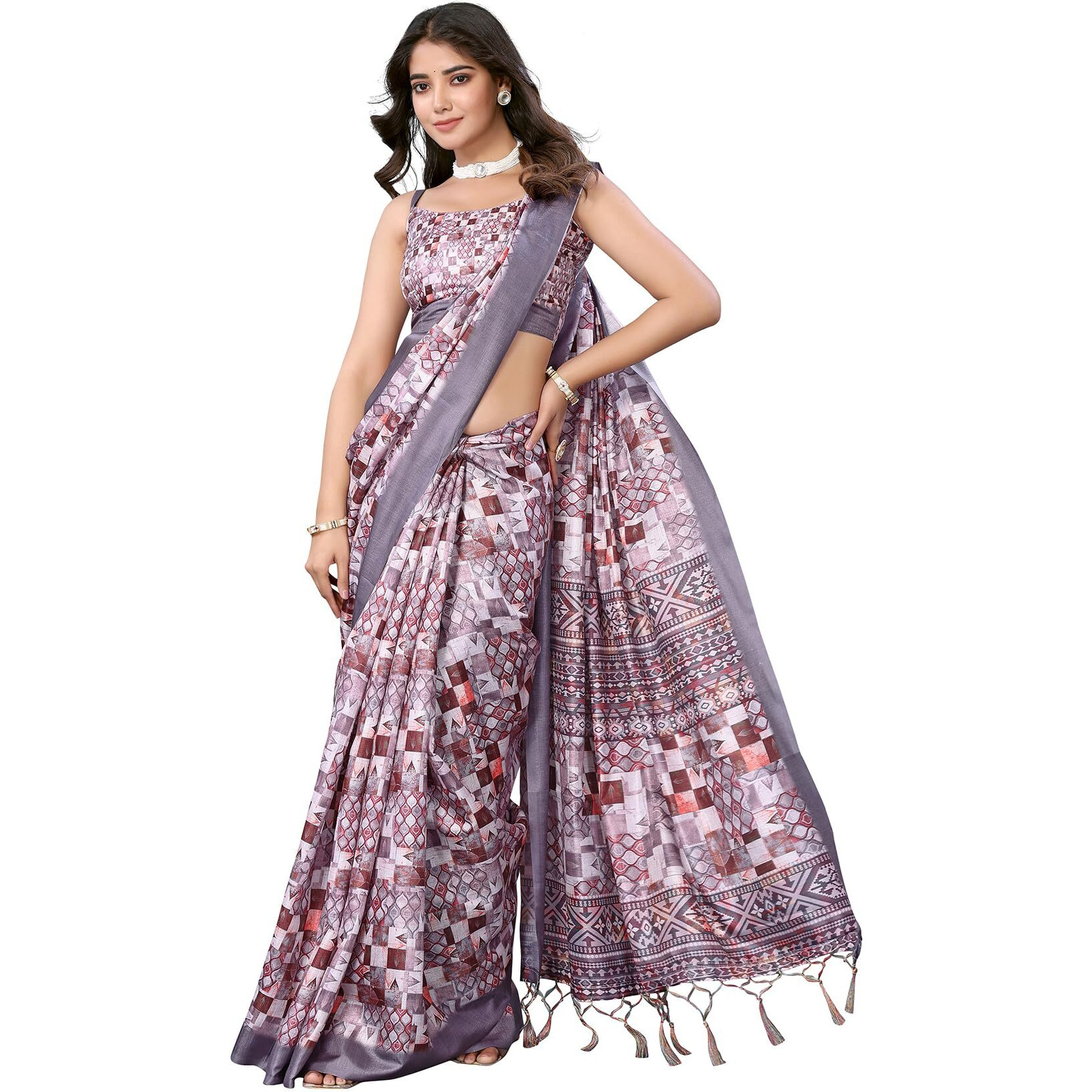 Yashika Women's Digital Print Art Silk Cotton Saree with Tassels and Golden Border - Lightweight and Elegant Ethnic Wear for Festive and Casual Occasions (AZ-YS-P2-PUSHPA 17)