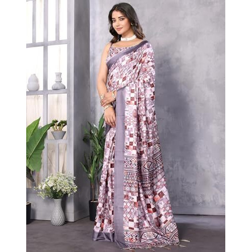 Yashika Women's Digital Print Art Silk Cotton Saree with Tassels and Golden Border - Lightweight and Elegant Ethnic Wear for Festive and Casual Occasions (AZ-YS-P2-PUSHPA 17)