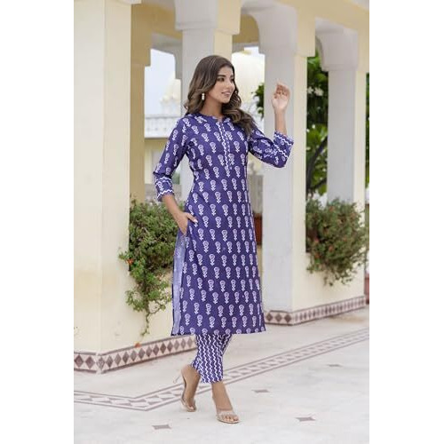 Yashika Solid Regular Printed Cotton Blend Straight Kurta Pant Set-Elegant Ethnic Wear Ensemble Modern Women, Perfect for Any Occasion (AZ-YS-P7-KS2115-XXL_Violet