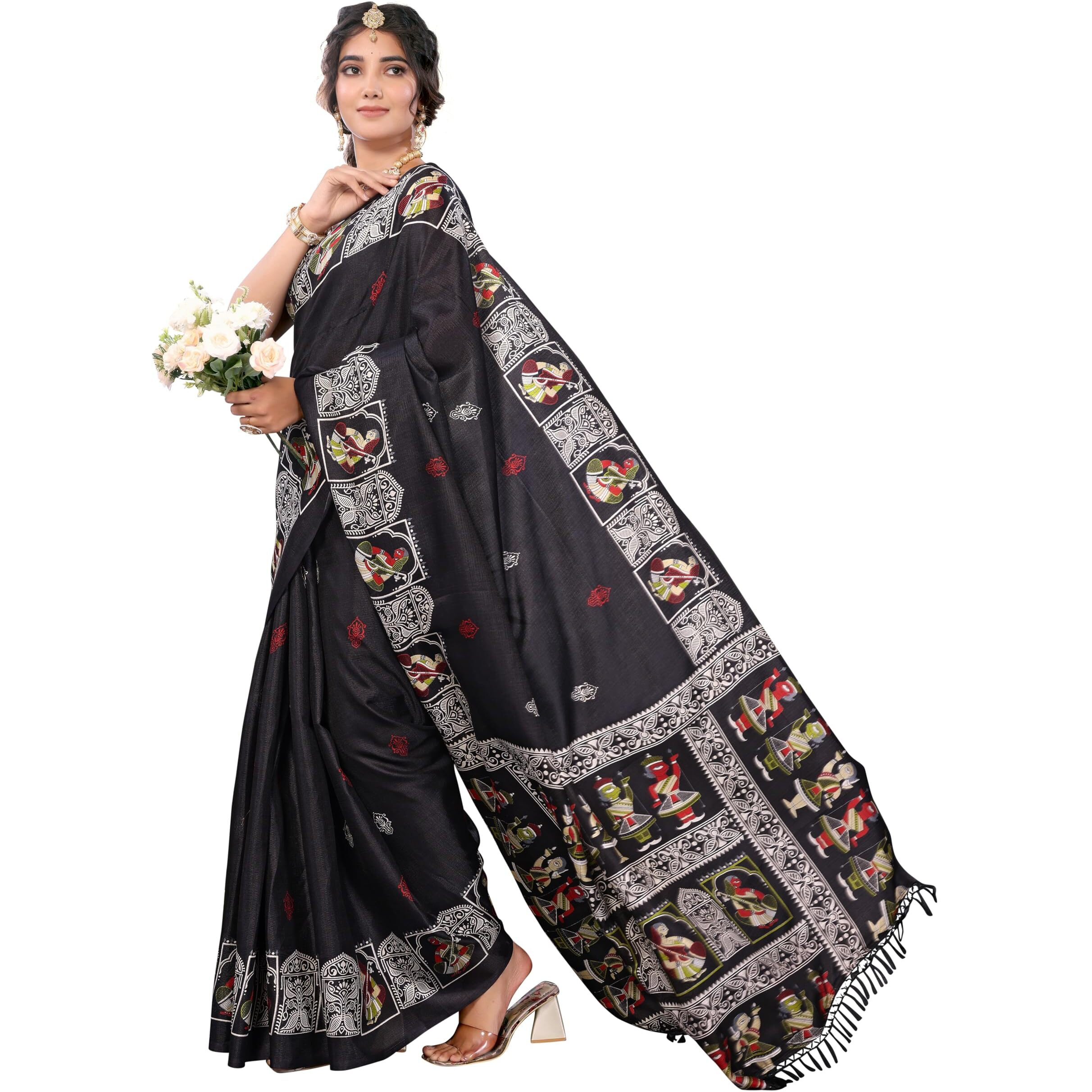 Yashika Women's Woven Latest Art Silk and Tassels Saree with Unstitched Blouse Material (AZ-YS-P2-NAFIZA-Parent-NEW_Black)