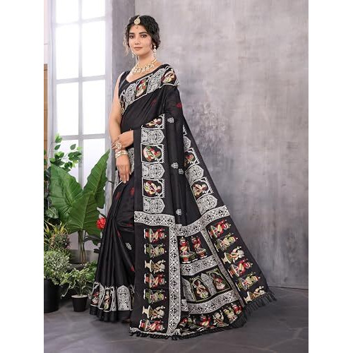 Yashika Women's Woven Latest Art Silk and Tassels Saree with Unstitched Blouse Material (AZ-YS-P2-NAFIZA-Parent-NEW_Black)