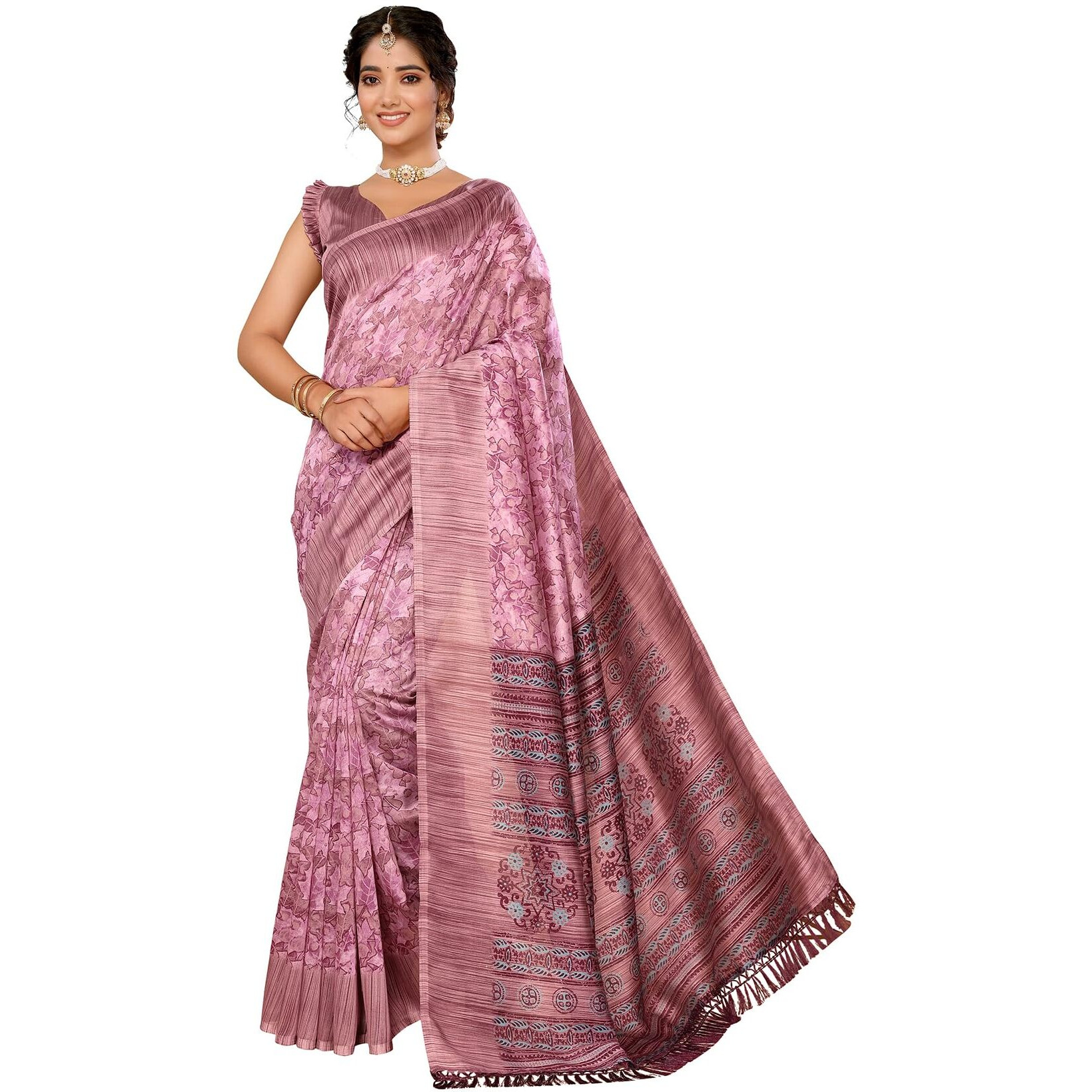 Yashika Women's Art Silk Printed with Tassels Unstitched Blouse Material Stylish Party Casual Wear Traditional Trendy Saree (AZ-YS-P1-DURVI-Parent_Purple)