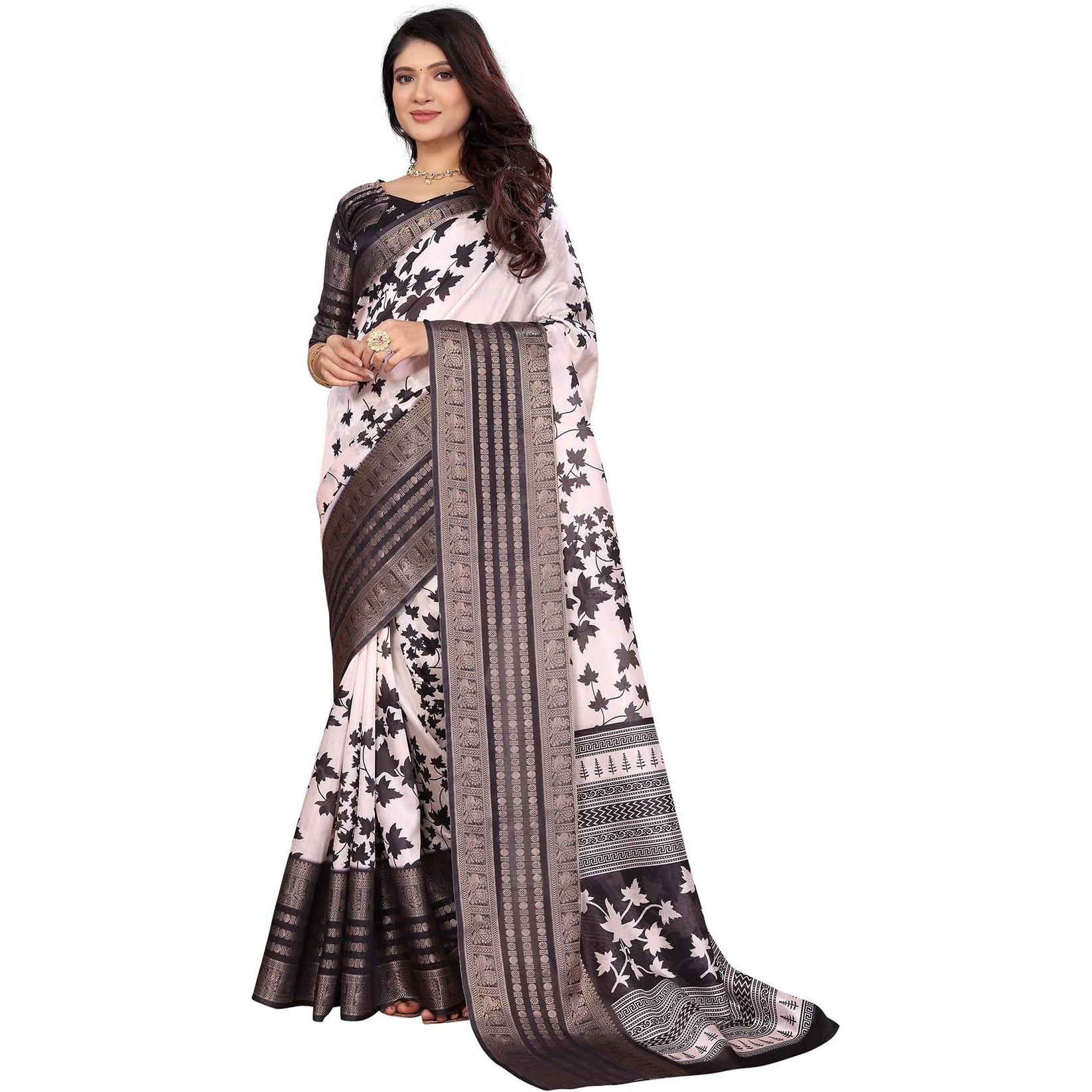 Yashika Women's Dola Silk Printed Saree With Blouse Material |saree for Women | saree collection 2025 | New Sari | Latest Saree (AZ-YS-P3-GYANI WHITE BLACK)