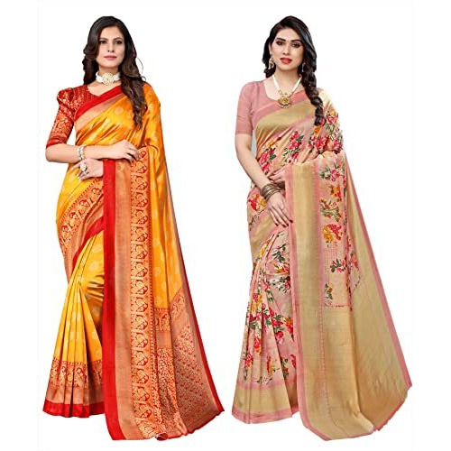 Yashika Women's Combo Art Silk Printed Saree With Blouse Piece Pack Of 2(MINALI MUSTARD-AIR PEACH)