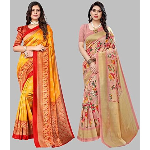 Yashika Women's Combo Art Silk Printed Saree With Blouse Piece Pack Of 2(MINALI MUSTARD-AIR PEACH)