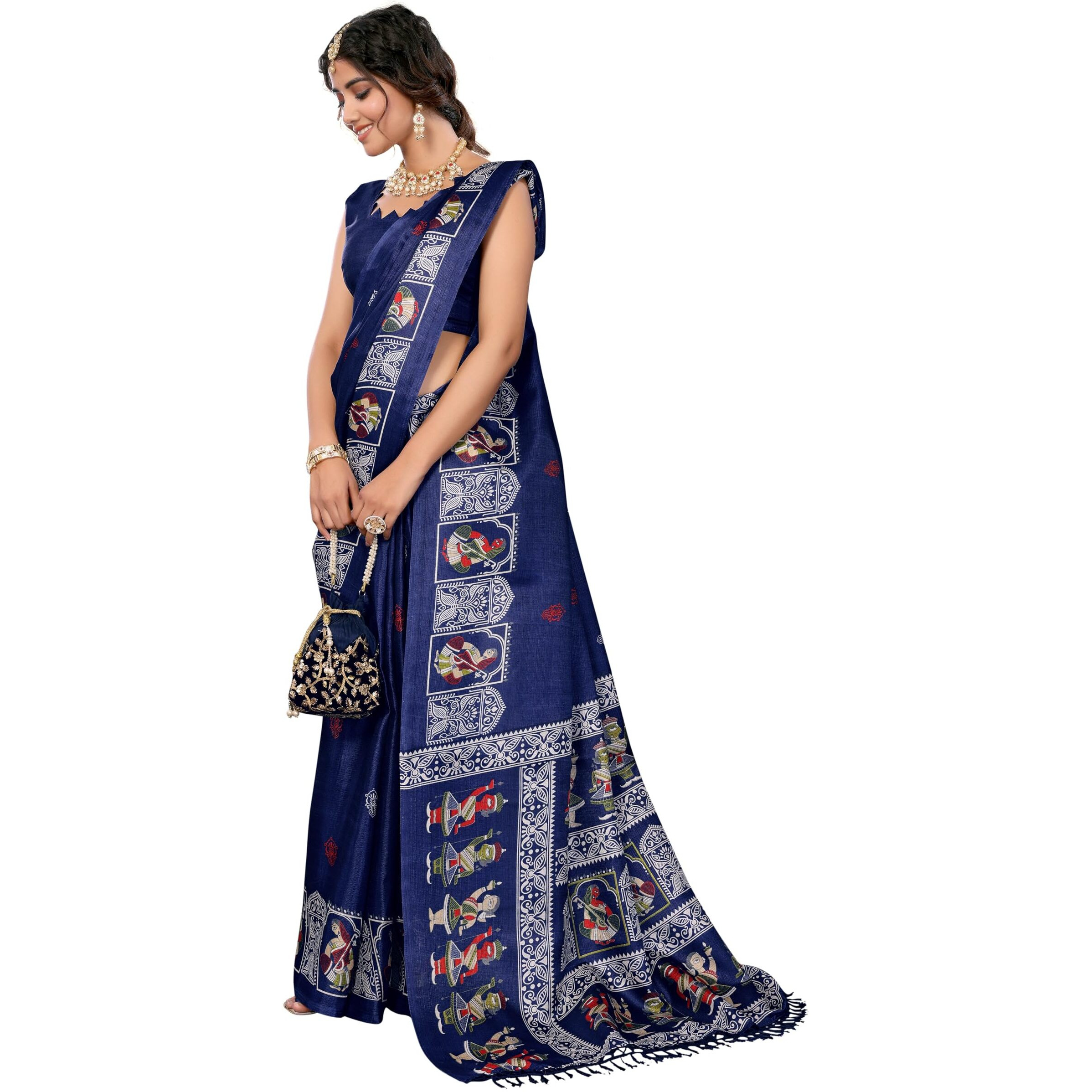 Yashika Women's Woven Latest Art Silk and Tassels Saree with Unstitched Blouse Material (AZ-YS-P2-NAFIZA-Parent-NEW_Navy)