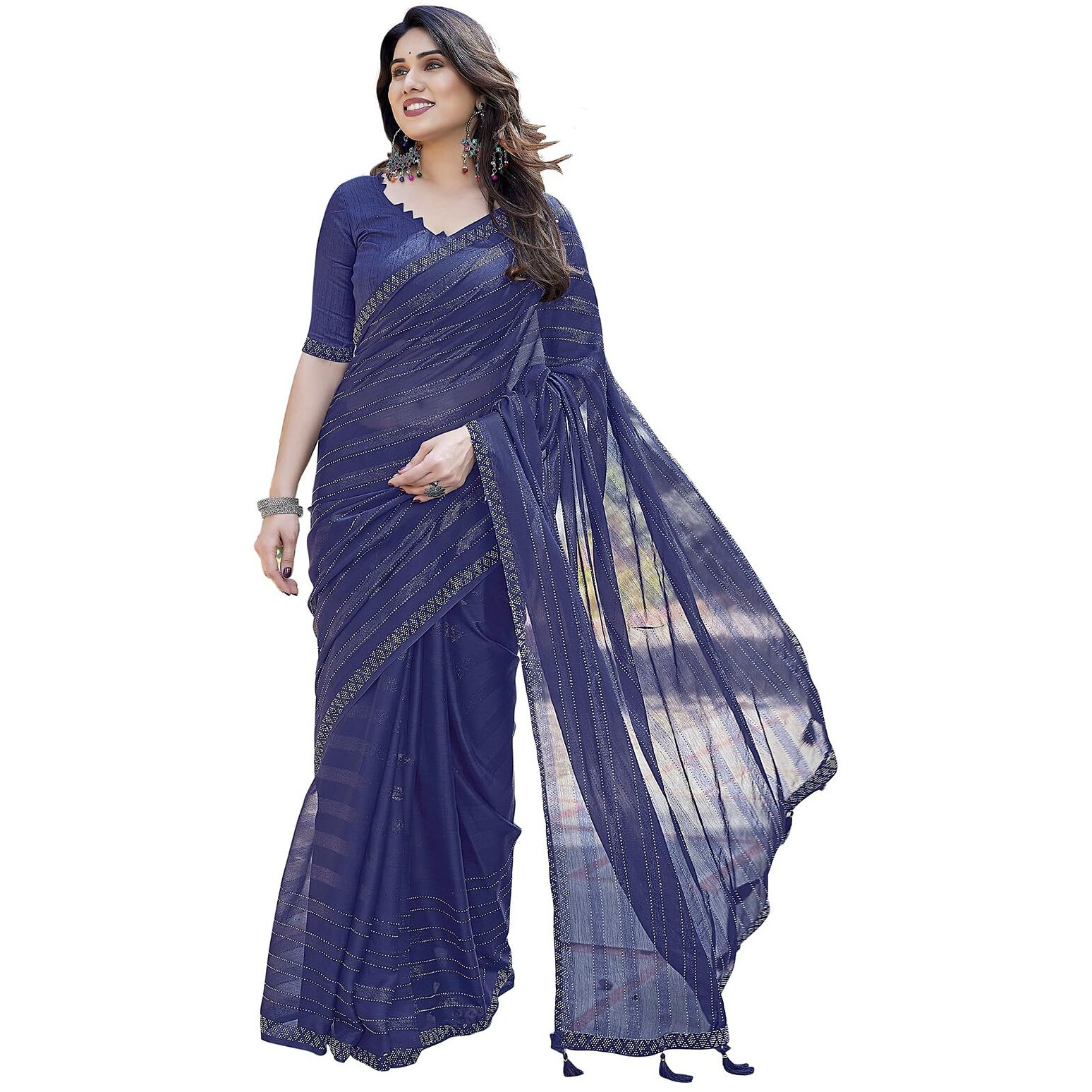 Yashika Women's latest Chiffon Saree With Lace and Blouse Material (AZ-YS-P1-TANIKSHA NAVY)