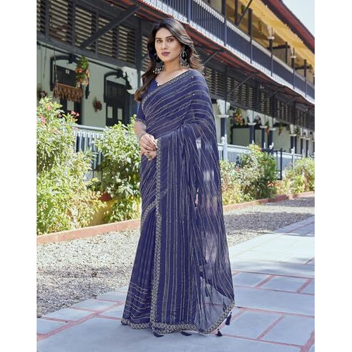 Yashika Women's latest Chiffon Saree With Lace and Blouse Material (AZ-YS-P1-TANIKSHA NAVY)
