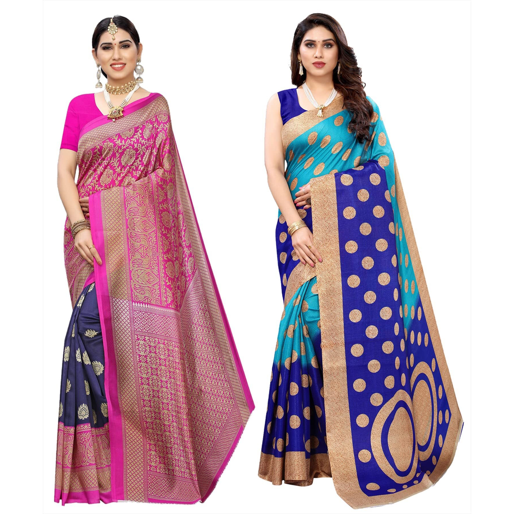 Yashika Women's Combo Art Silk Printed Saree With Blouse Piece Pack Of 2(METRO NAVY-KORA BLUE)