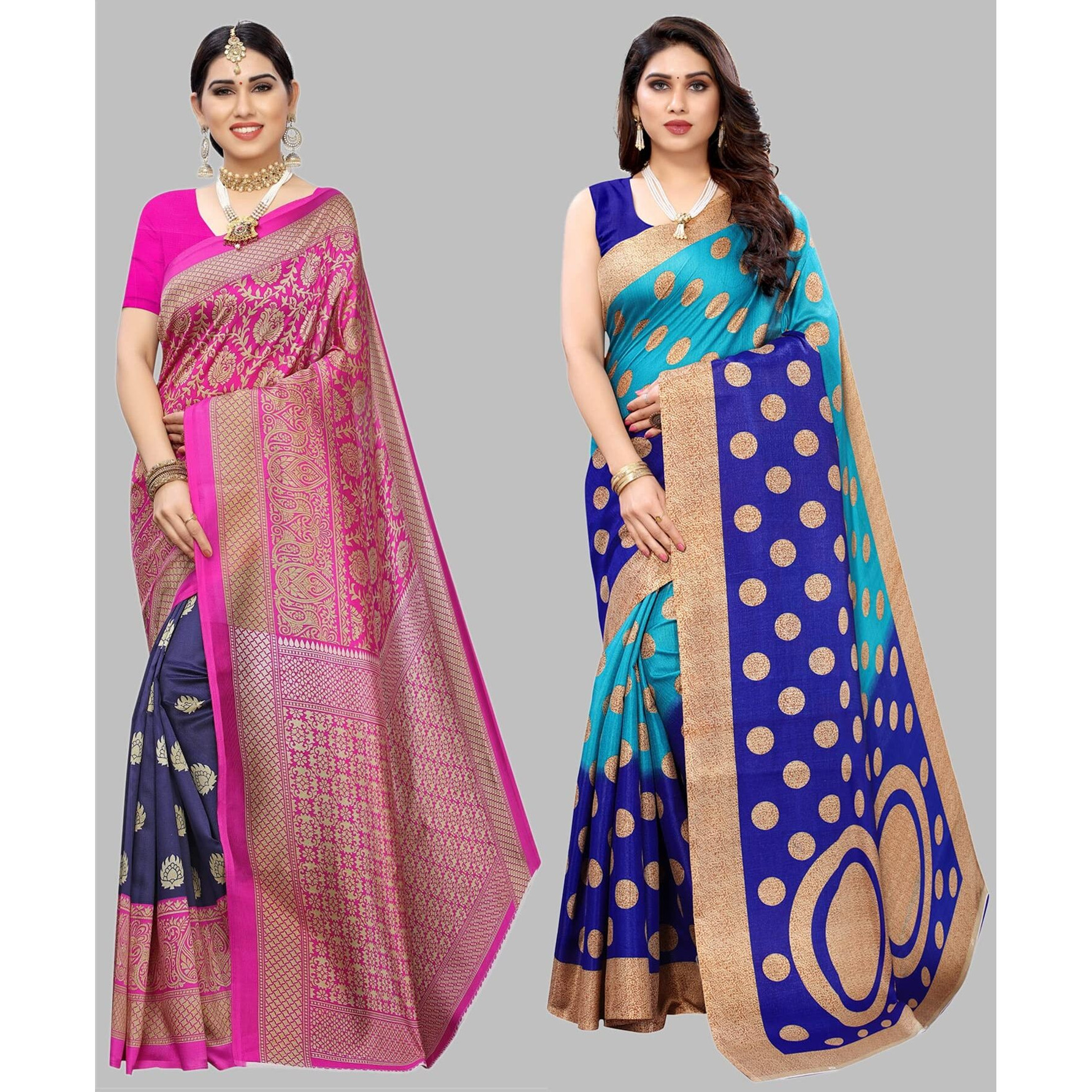 Yashika Women's Combo Art Silk Printed Saree With Blouse Piece Pack Of 2(METRO NAVY-KORA BLUE)