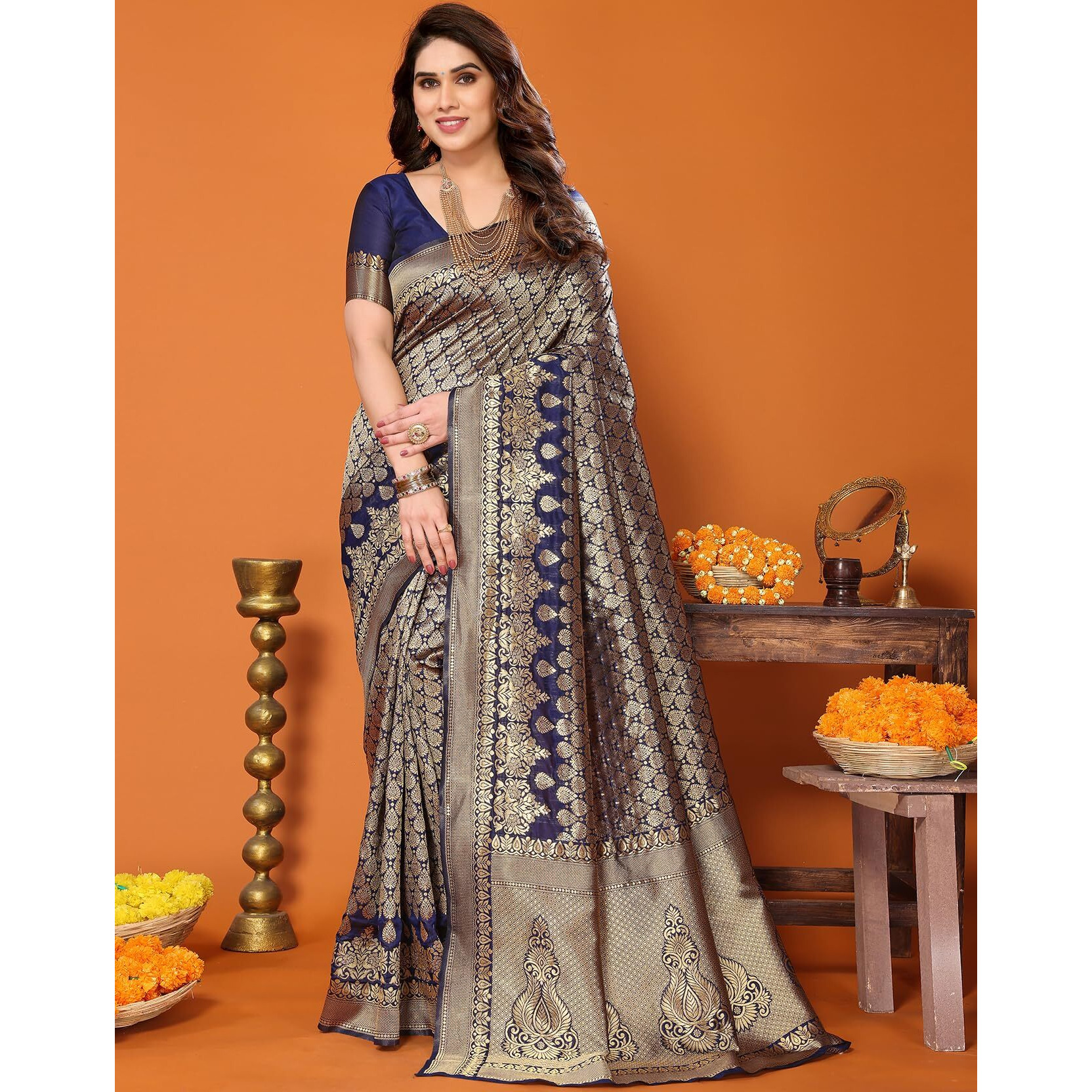 Yashika Present Banarasi Kanjivaram Silk Saree For Fashionable Women||Navy BlueColoured Silk Kanjivaram Saree|| AZ-YS-P1-MALIYA NAVYBLUE New