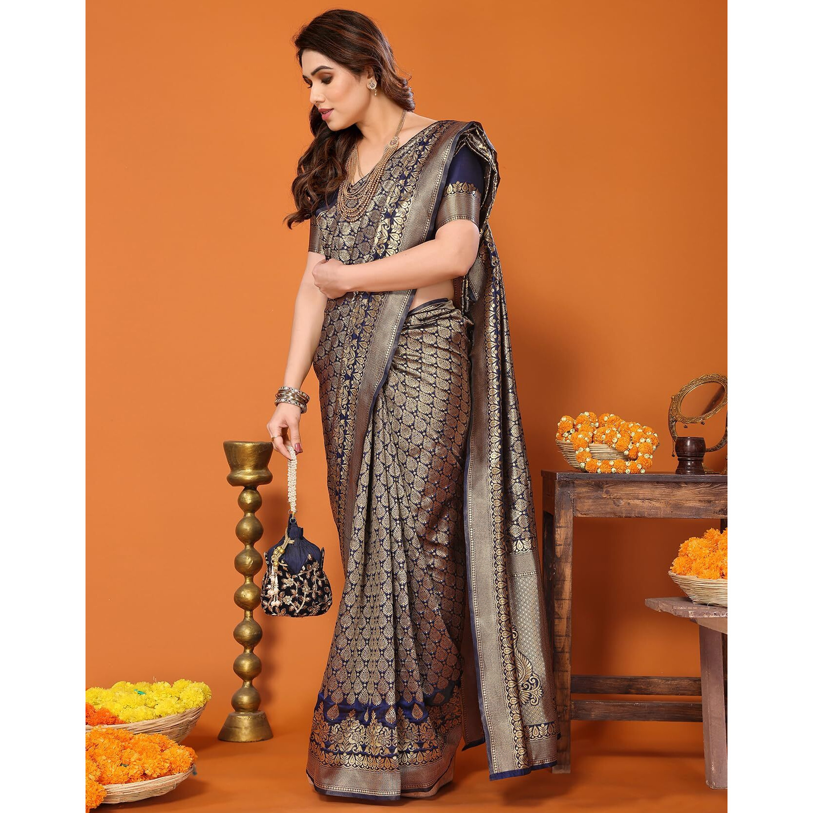 Yashika Present Banarasi Kanjivaram Silk Saree For Fashionable Women||Navy BlueColoured Silk Kanjivaram Saree|| AZ-YS-P1-MALIYA NAVYBLUE New