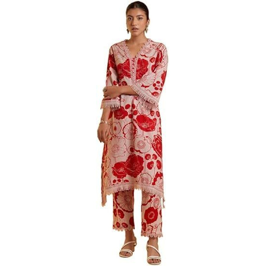Yashika Floral Regular Printed Cotton Blend Straight Kurta Pant Set with Lace-Comfortable Ethnic Wear Women, Elegant Design, Suitable for Various Occasions (AZ-YS-OG-KS2118-Parent_Red